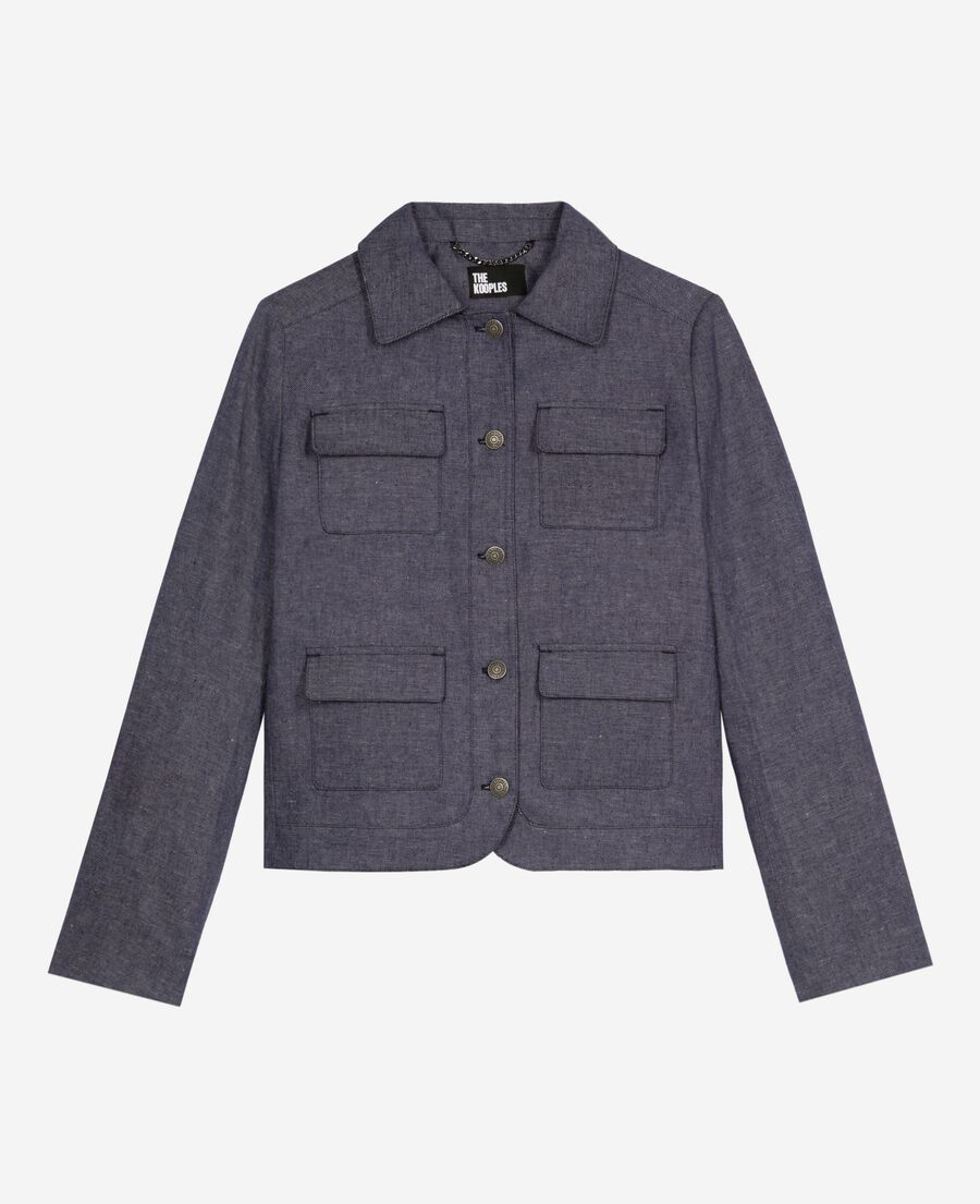 The Kooples WOMEN BLUE short jacket in blue cotton and linen