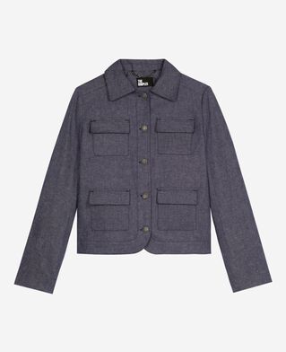 The Kooples WOMEN BLUE short jacket in blue cotton and linen