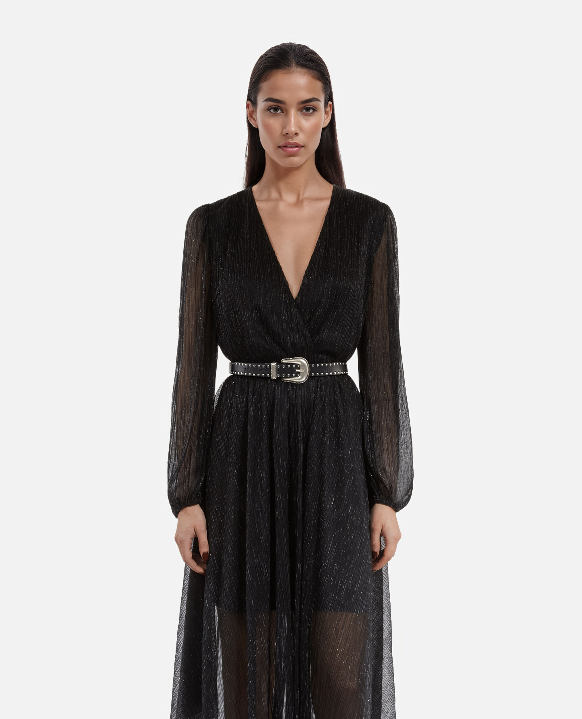 Robe longue plissée noire, BLACK, hi-res image number null