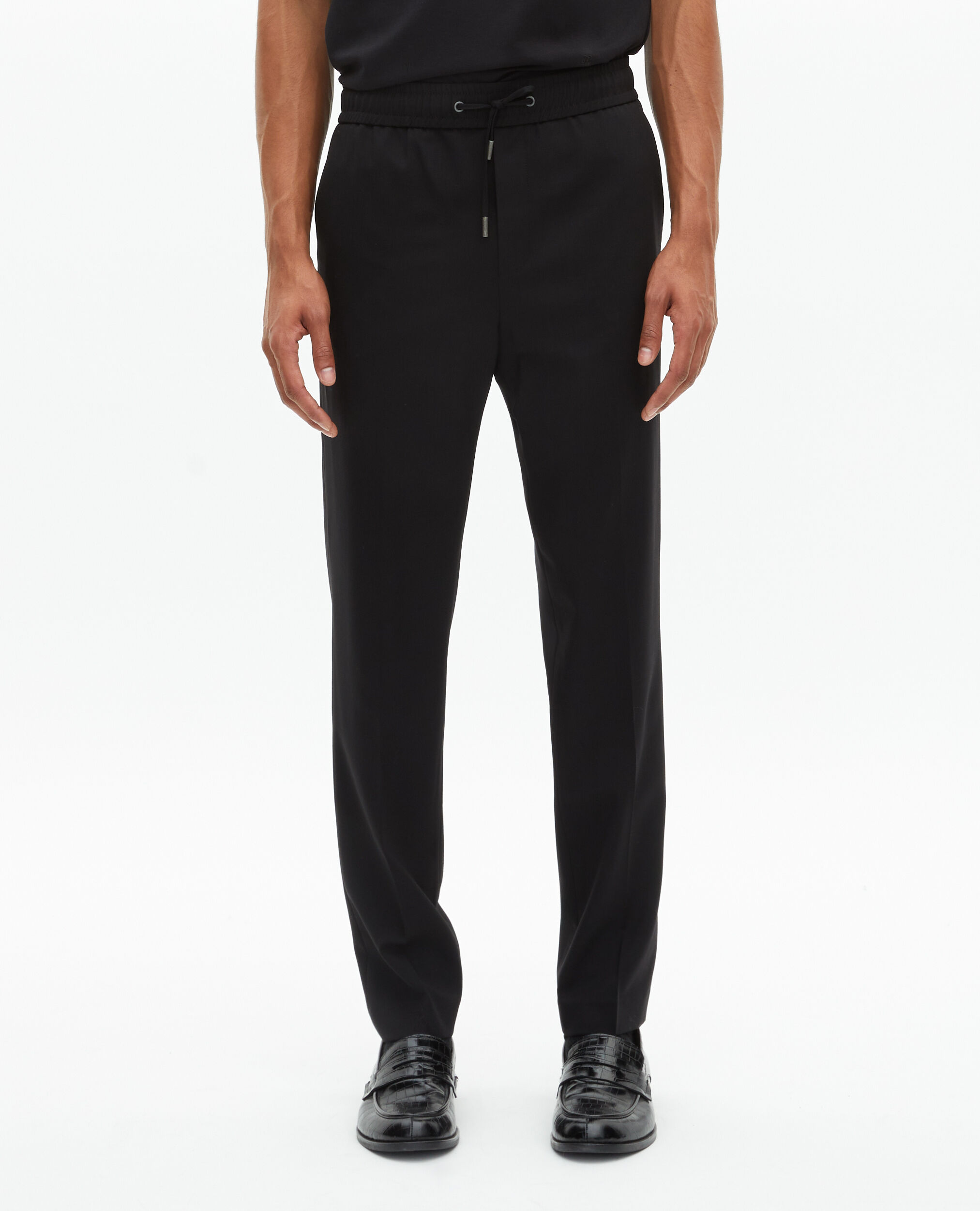 Pantalon élastiqué droit en laine noir, BLACK, hi-res image number null
