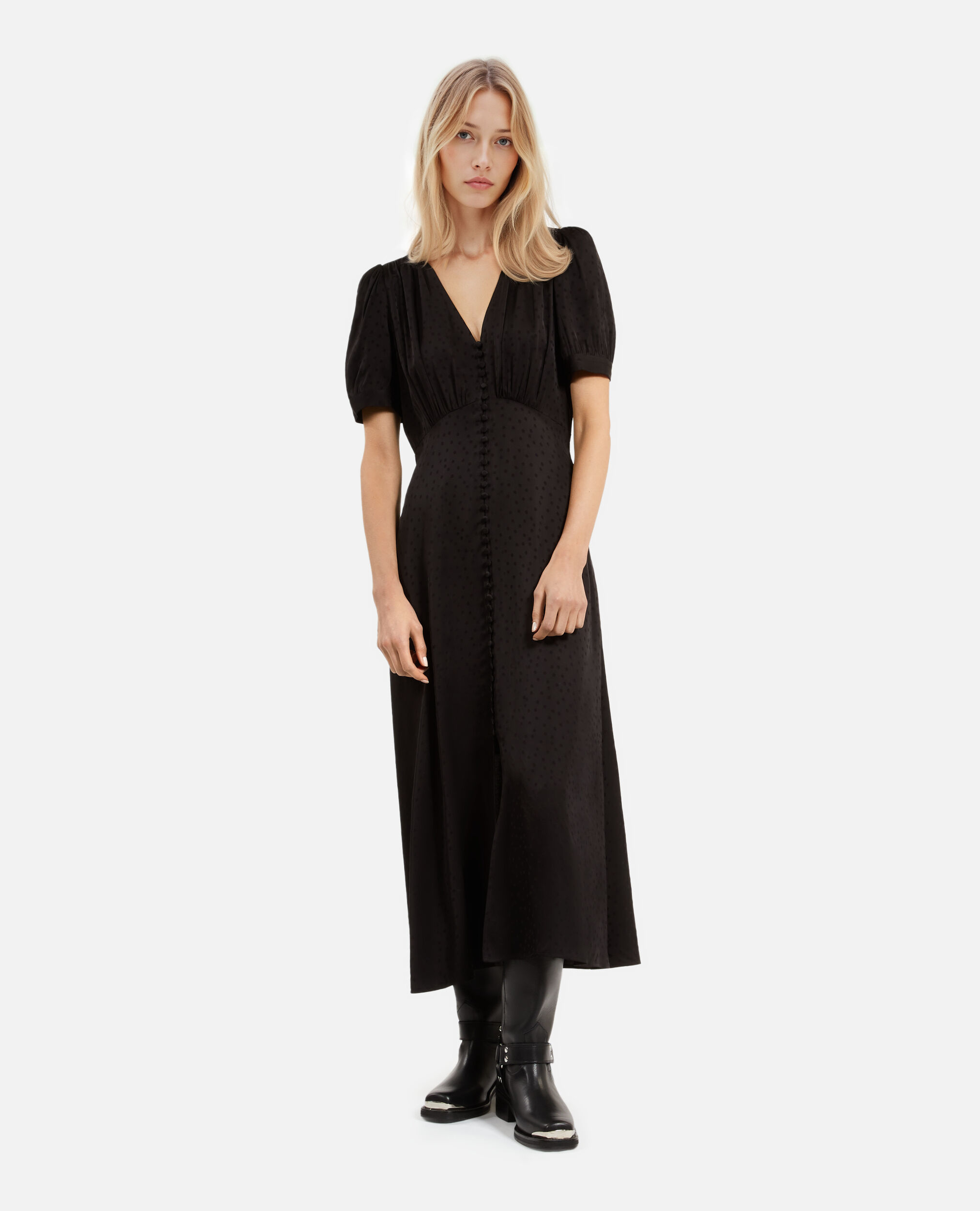 Robe longue à pois en jacquard noire, BLACK, hi-res image number null