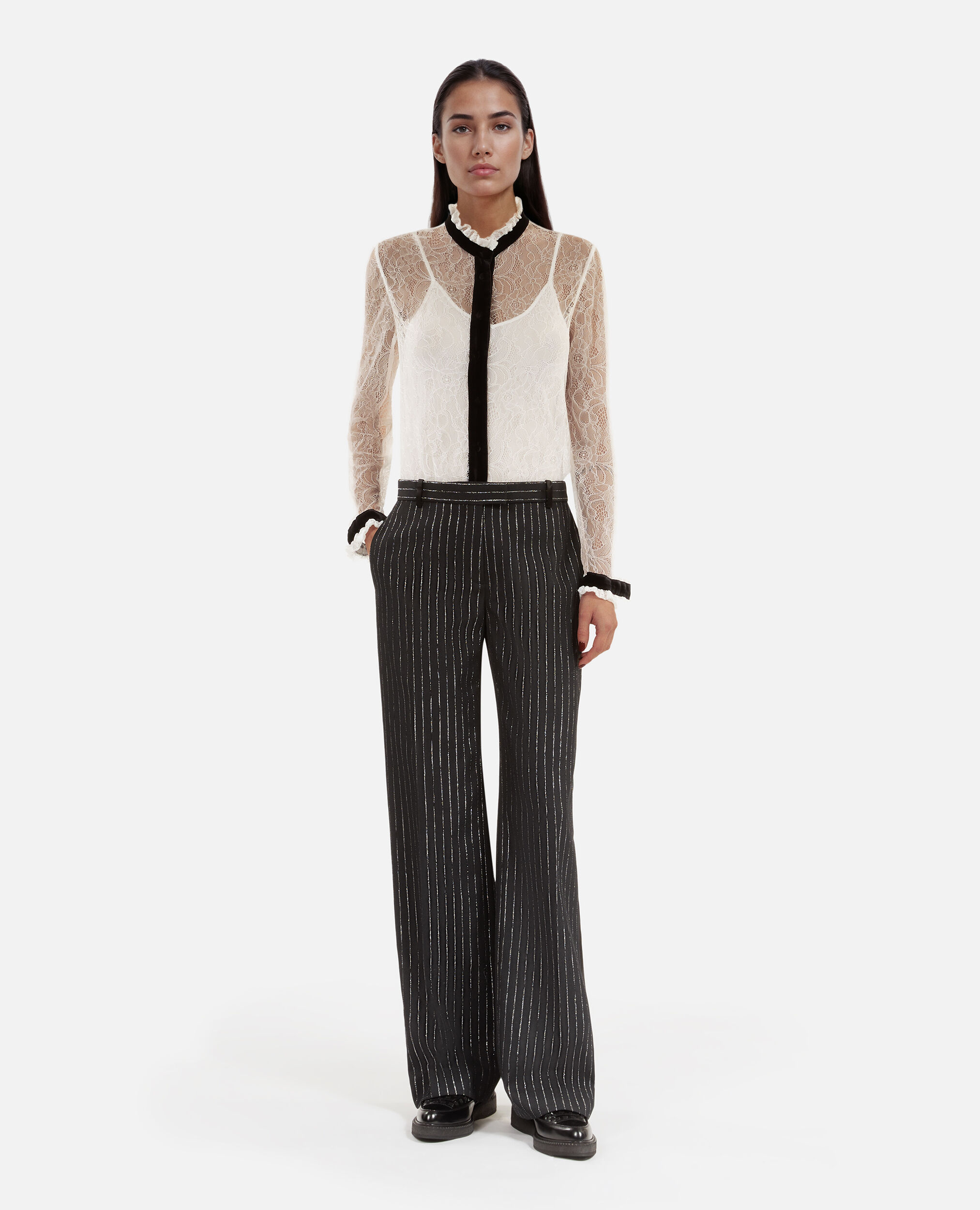 Pantalon tailleur droit à rayures noir, BLACK, hi-res image number null