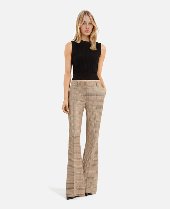 The Kooples FEMME BEIGE-BROWN pantalon flare en laine prince de galles
