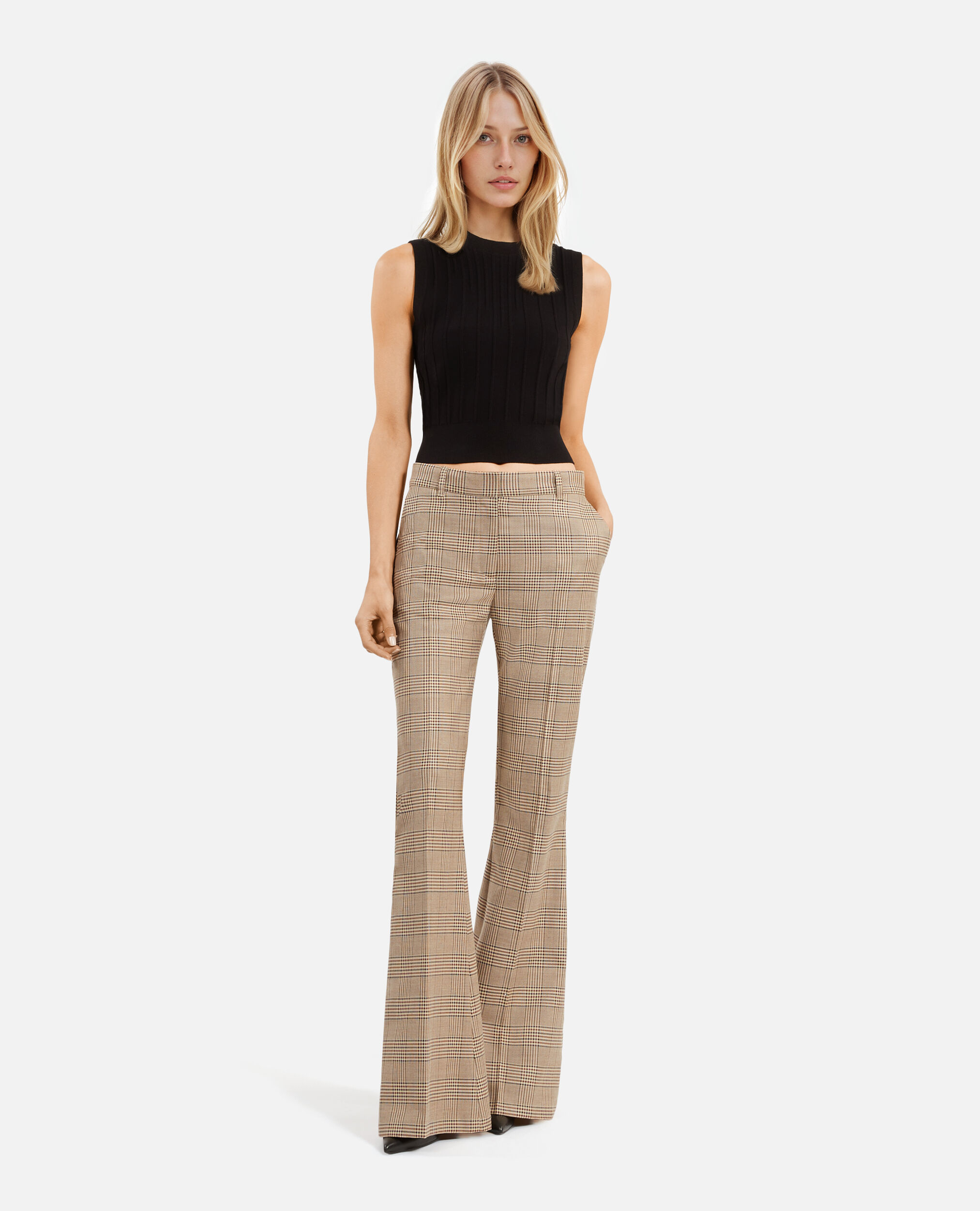 Pantalon flare en laine Prince de Galles, BEIGE-BROWN, hi-res image number null