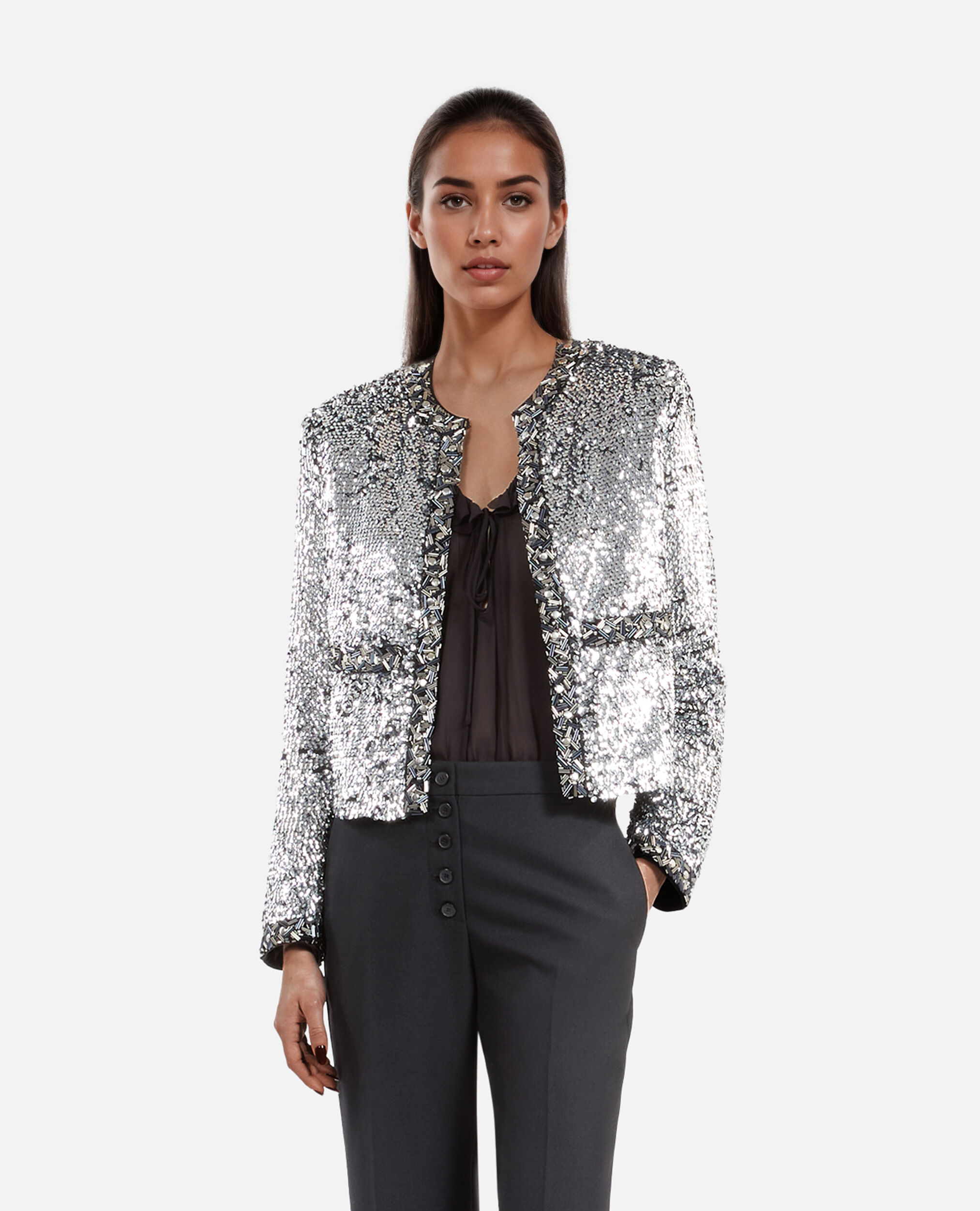 Veste à sequins et perles argentée, SILVER, hi-res image number null