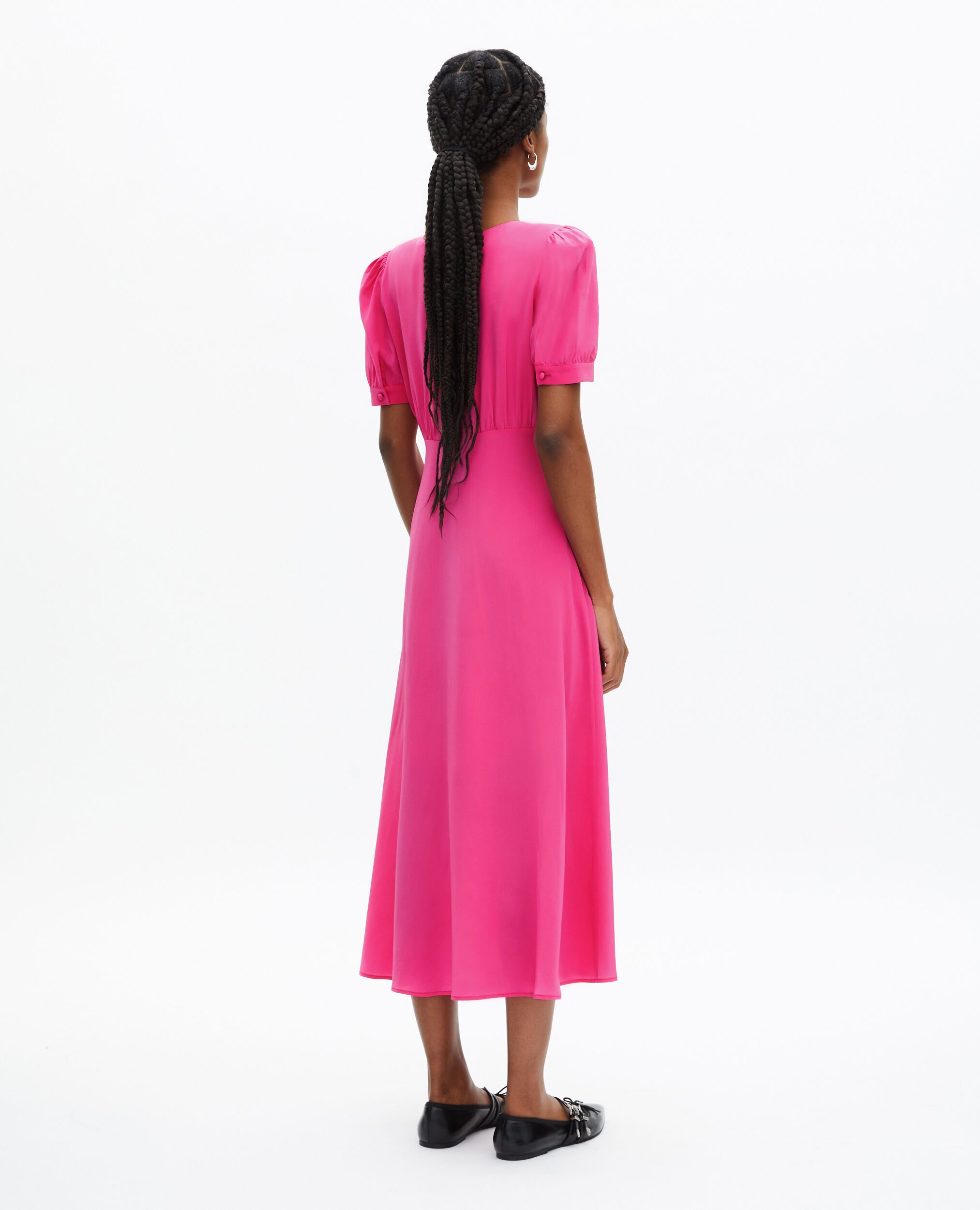 Robe longue avec boutonnage en soie rose, FUSHIA, hi-res image number null