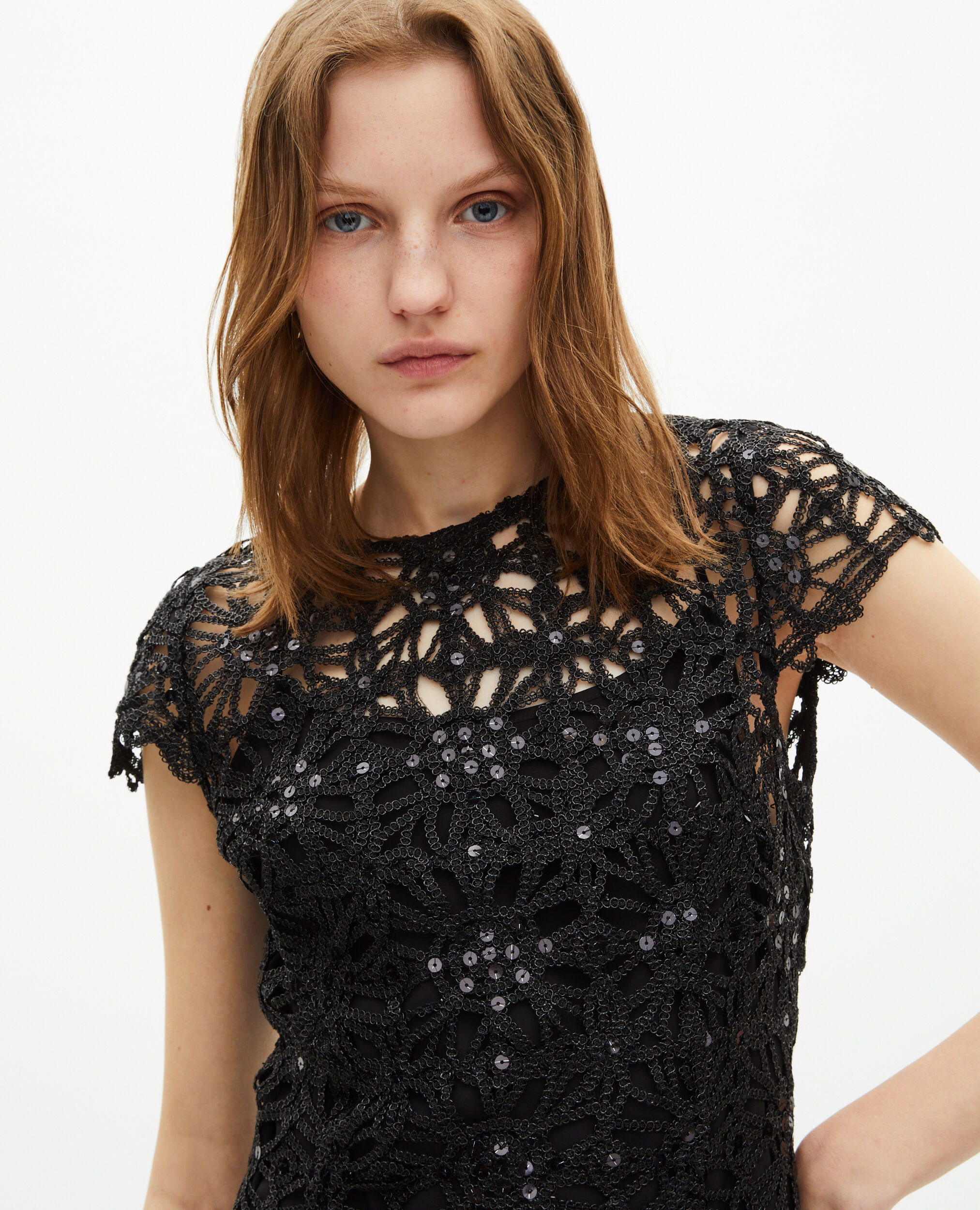 Robe courte en guipure noire, BLACK, hi-res image number null