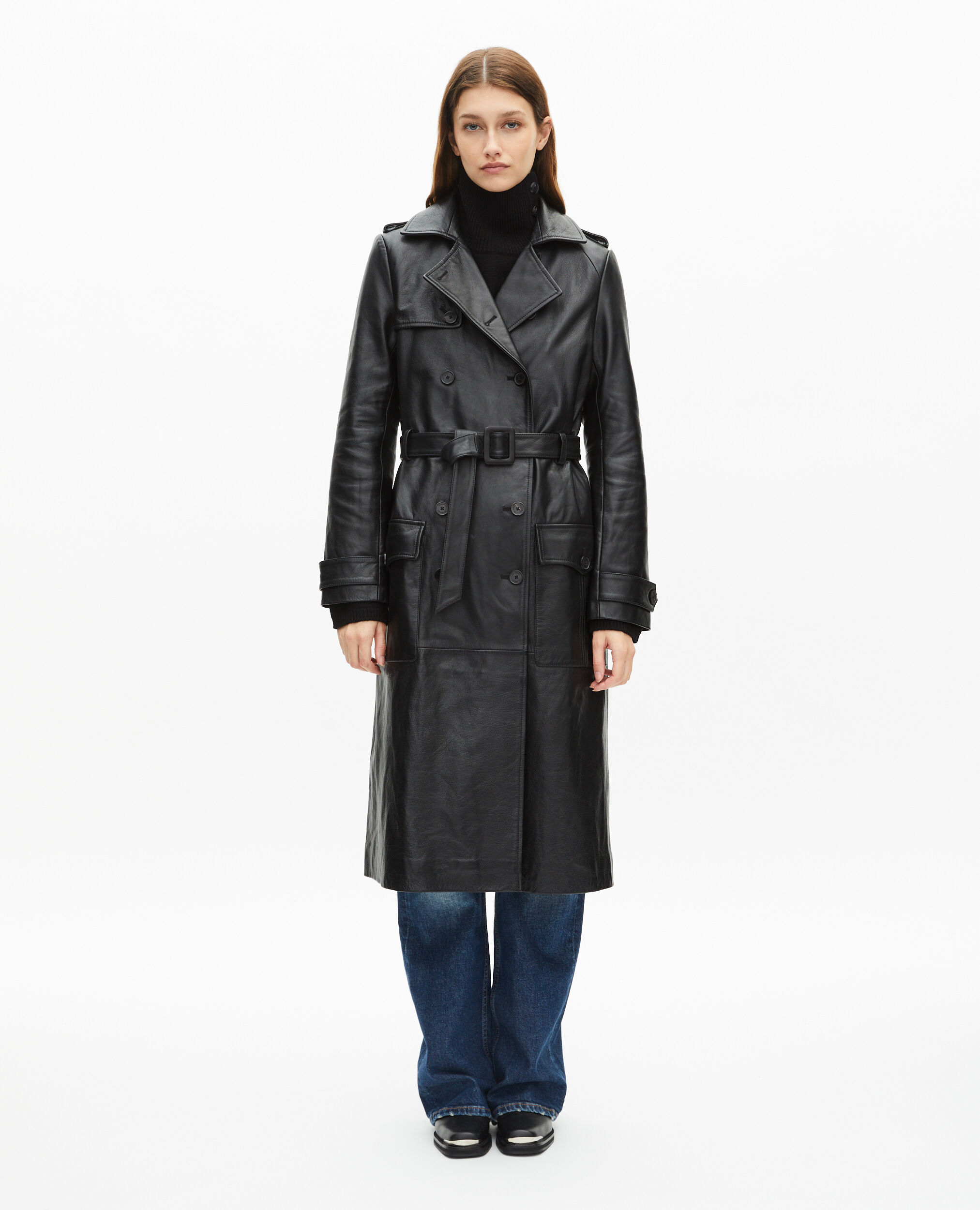 Trench long en cuir noir, BLACK, hi-res image number null