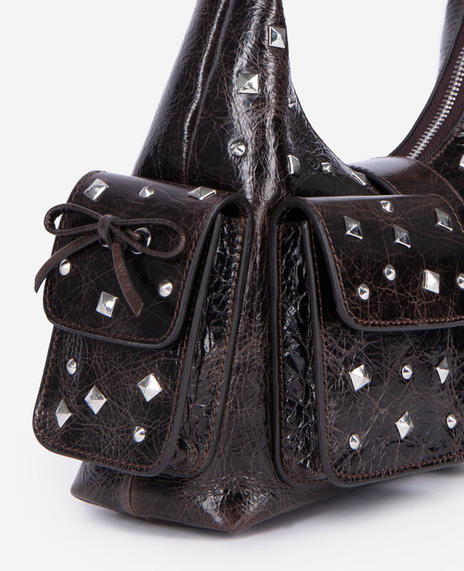 The Kooples FEMME BROWN sac amelia clouté en cuir craquelé marron