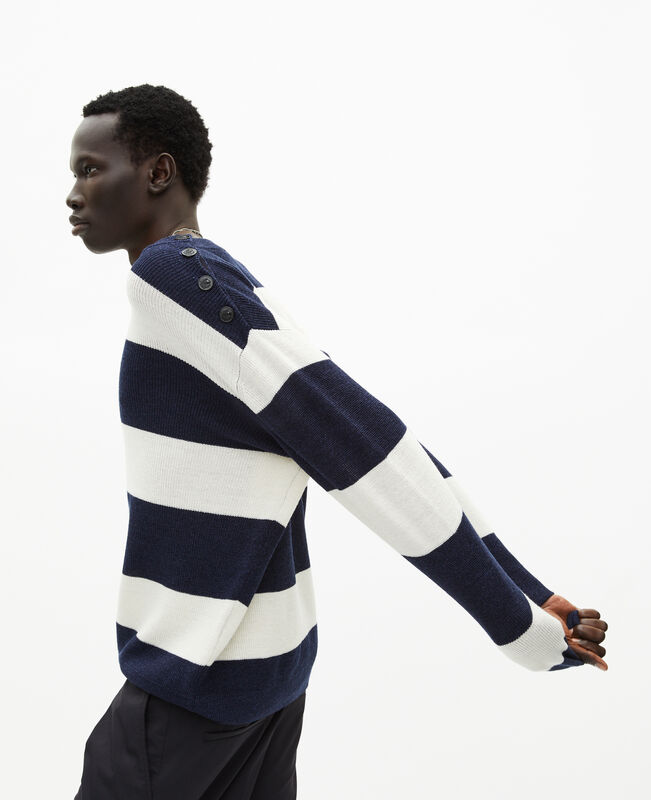 The Kooples HOMME ECRU NAVY pull en laine et lin à rayures marine