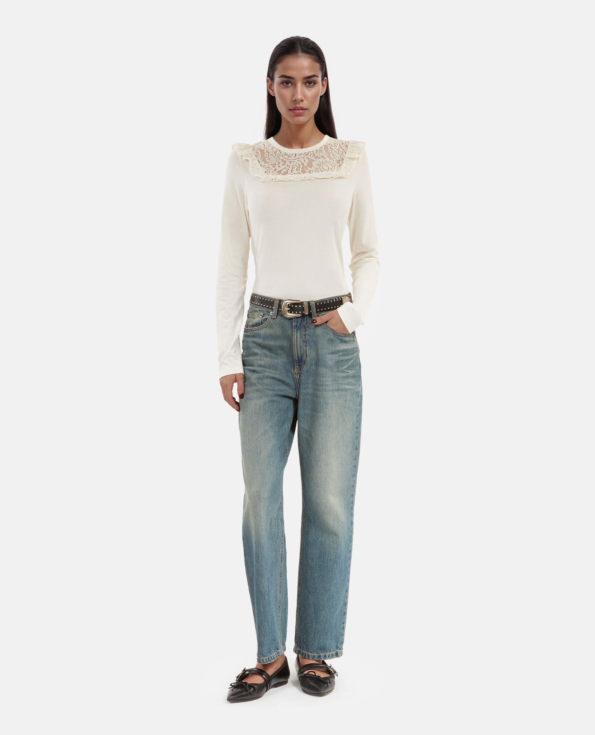 T-shirt manches longues avec dentelle blanc, WHITE, hi-res image number null