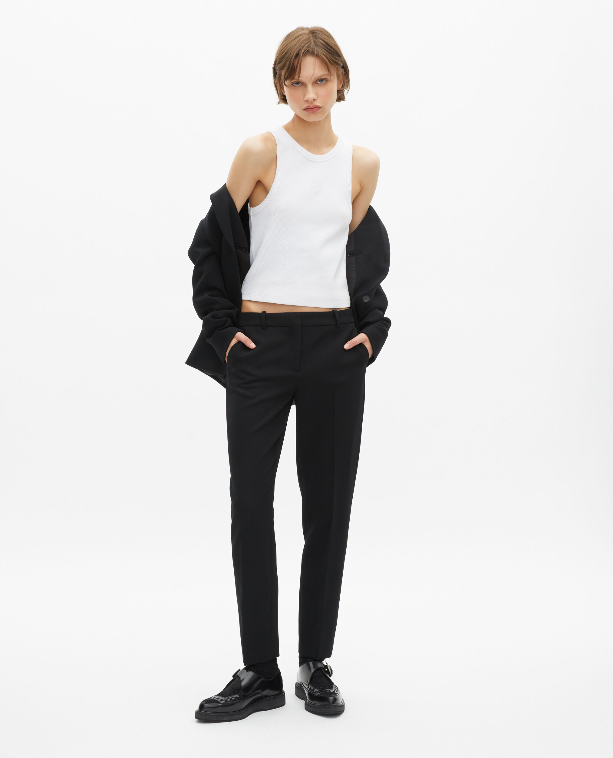 Pantalon tailleur en crêpe noir coupe droite, BLACK, hi-res image number null