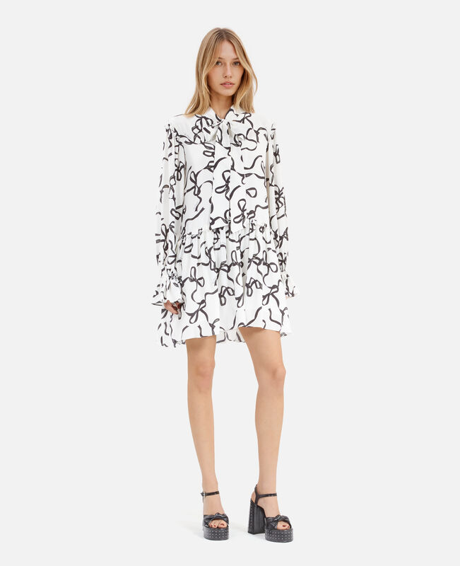 The Kooples FEMME WHITE / BLACK robe courte en soie imprimé rubans