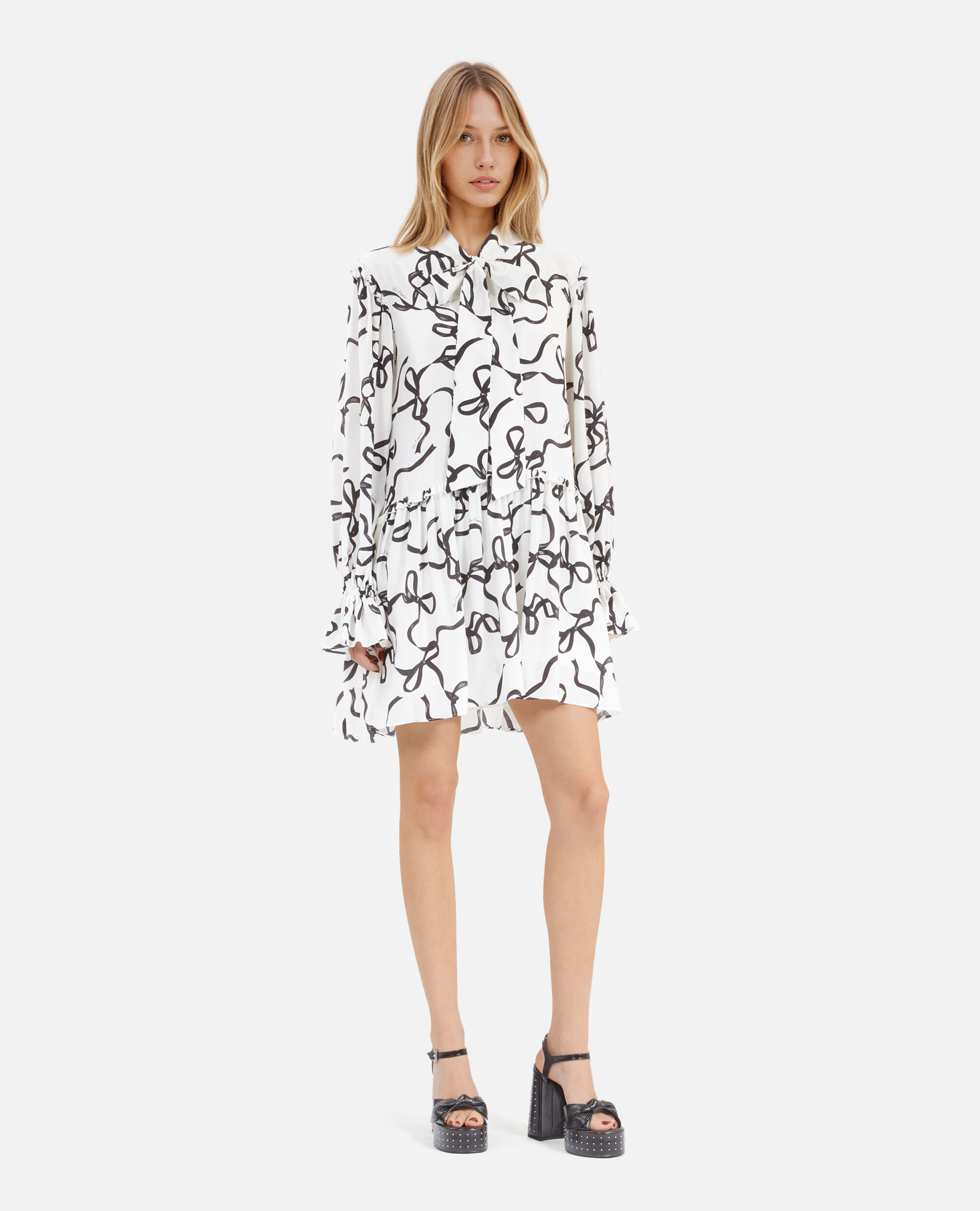 Robe courte en soie imprimé rubans, WHITE / BLACK, hi-res image number null