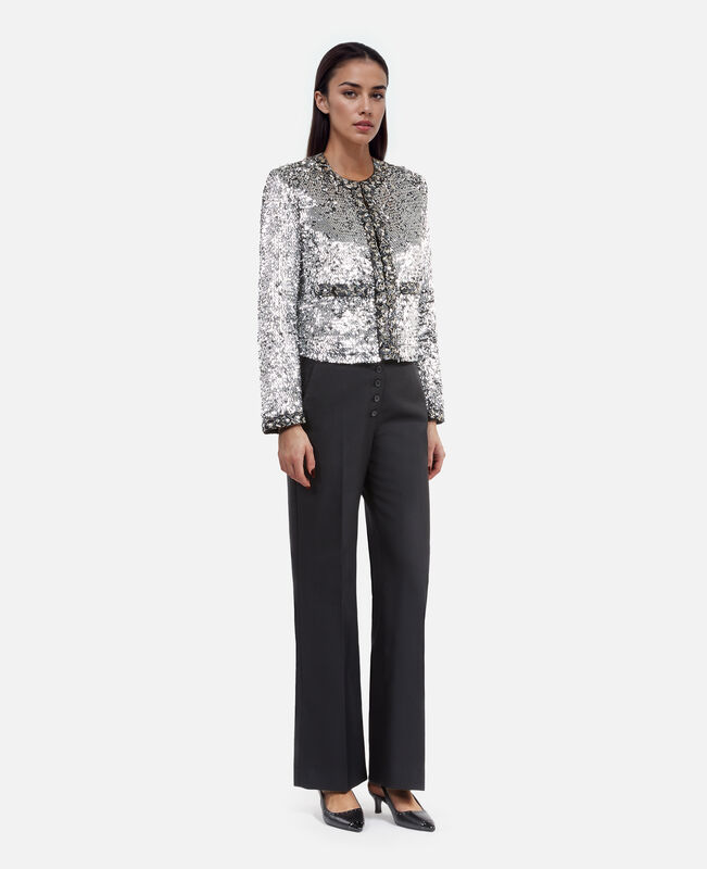 The Kooples FEMME SILVER veste à sequins et perles argentée