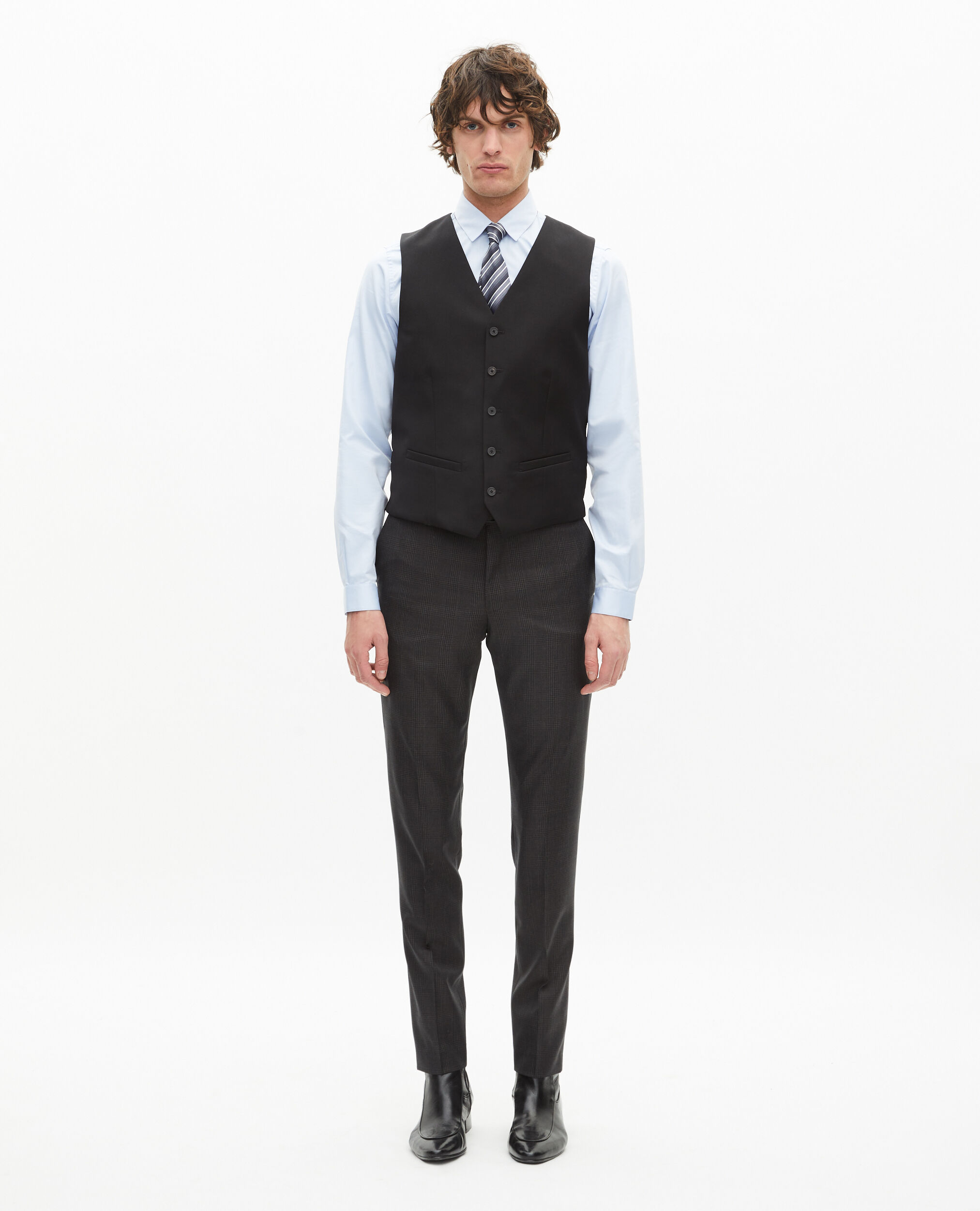 Gilet de costume en laine noir coupe tailleur, BLACK, hi-res image number null