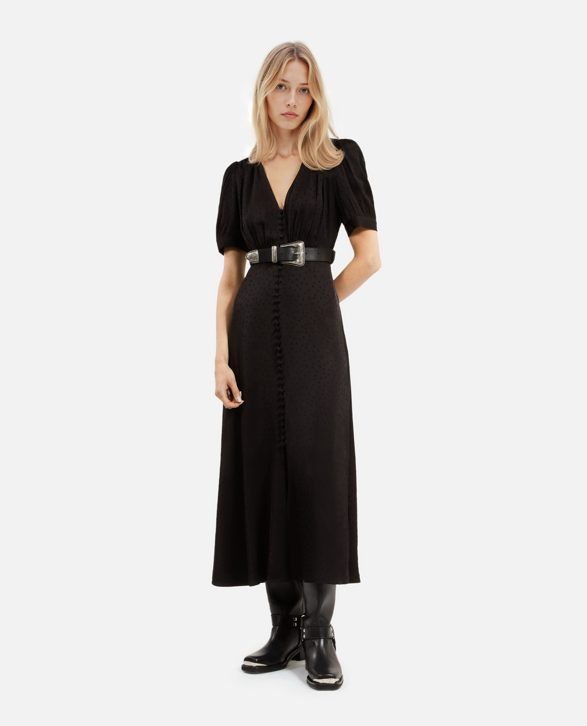 Robe longue à pois en jacquard noire, BLACK, hi-res image number null