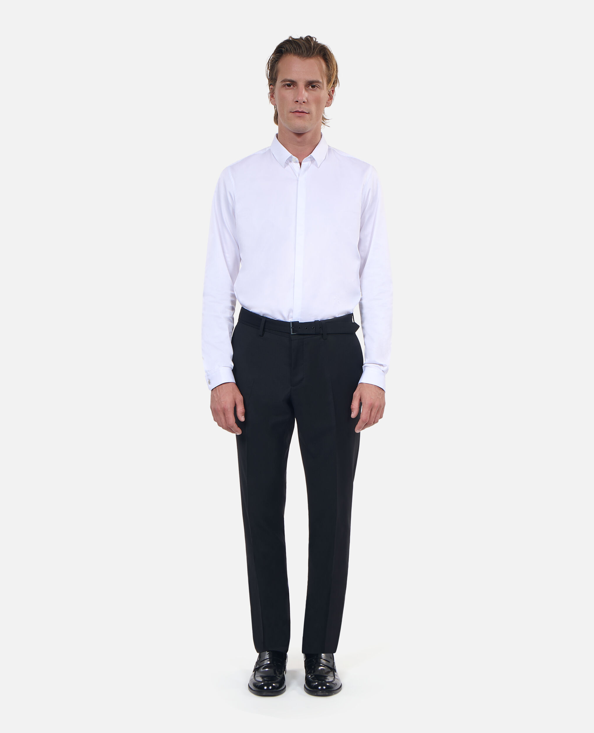Pantalon de costume en laine à ceinture intégrée noir coupe ajustée, BLACK, hi-res image number null