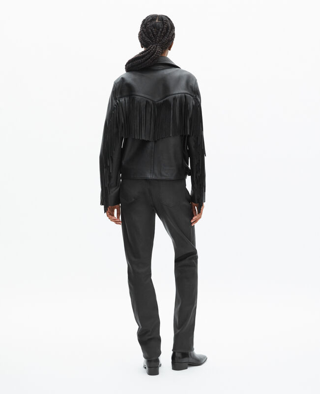 The Kooples FEMME BLACK blouson en cuir à franges noir