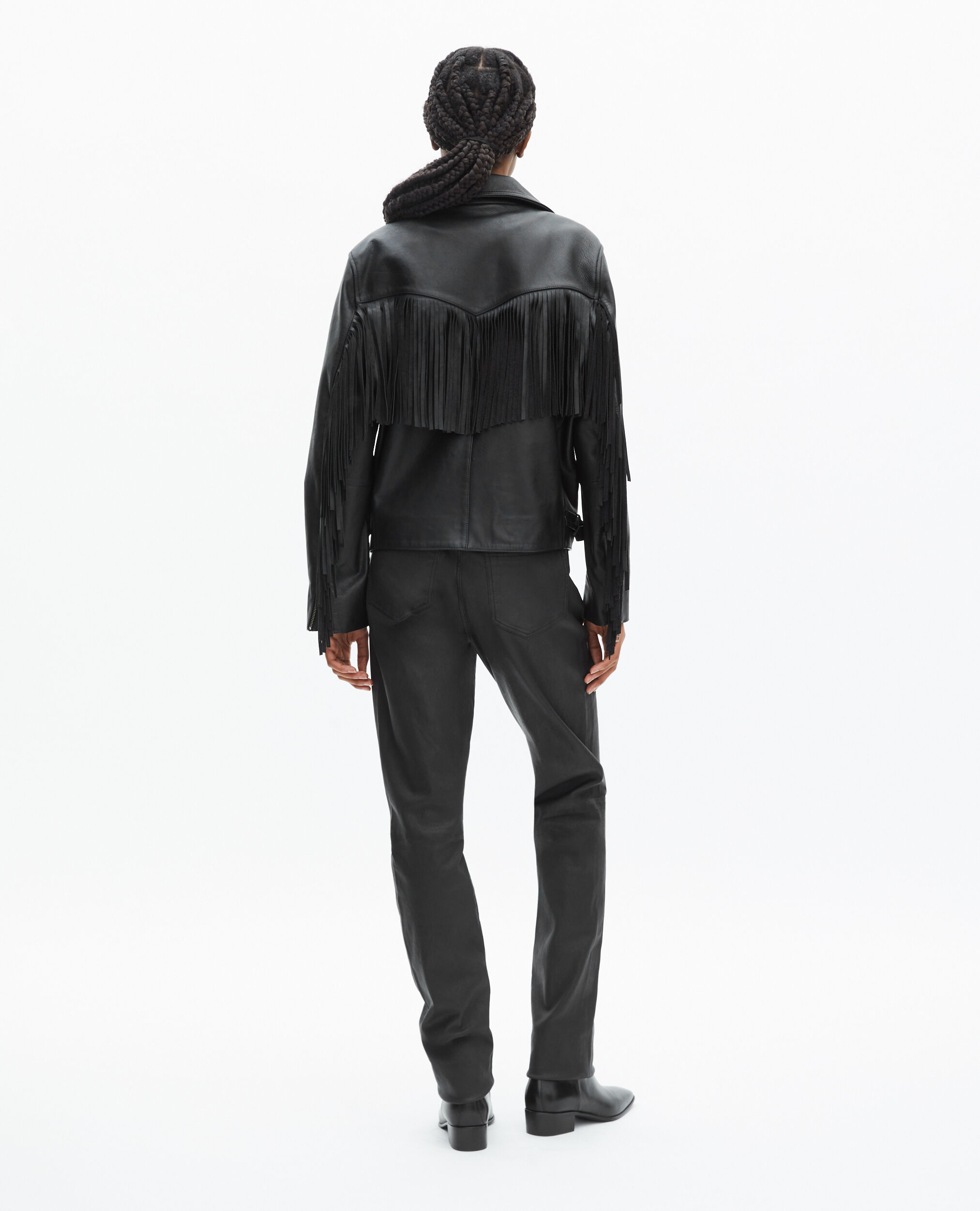 Blouson en cuir à franges noir, BLACK, hi-res image number null