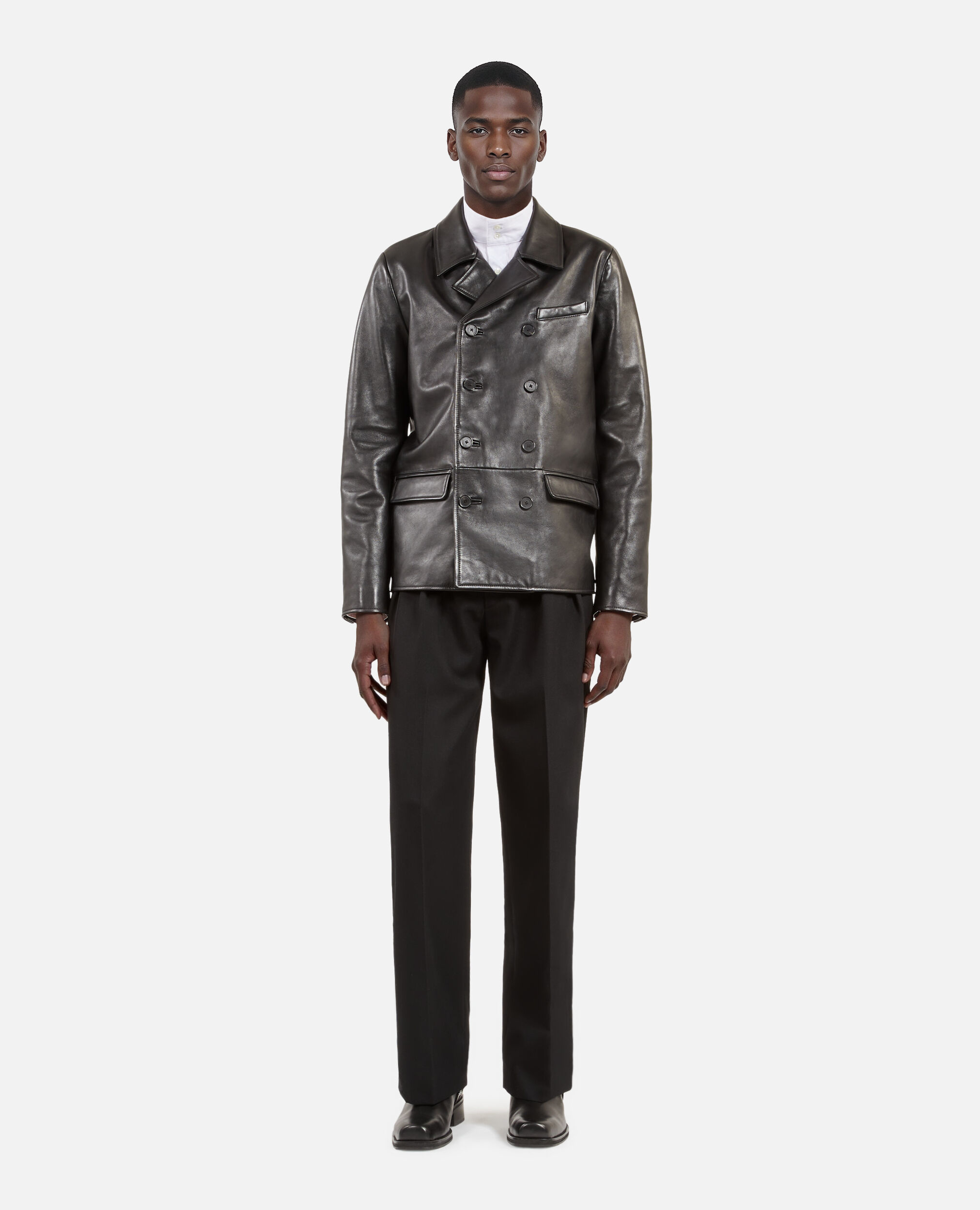 Veste en cuir à double boutonnage noire, BLACK, hi-res image number null