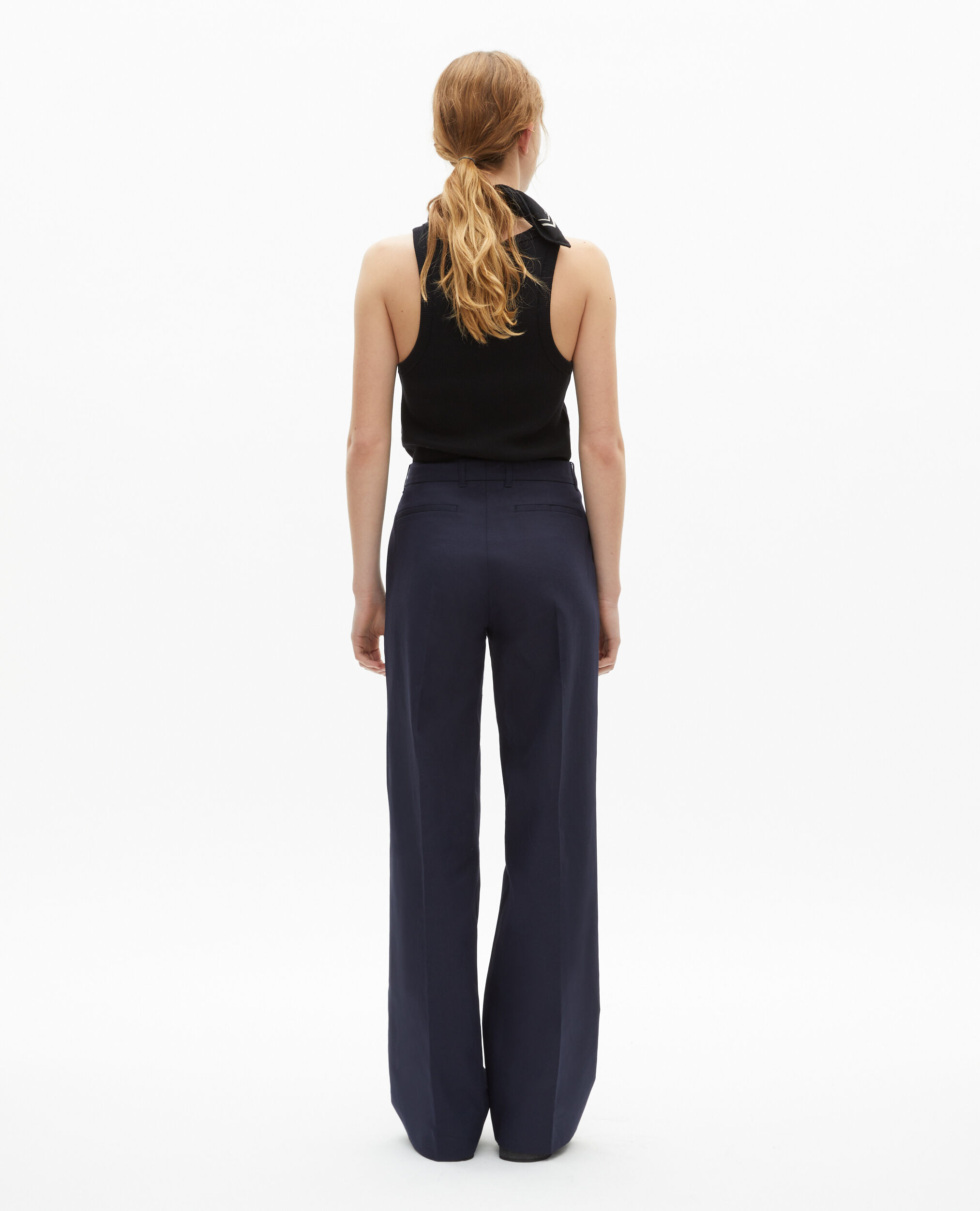 Pantalon droit en coton et lin marine, NAVY, hi-res image number null