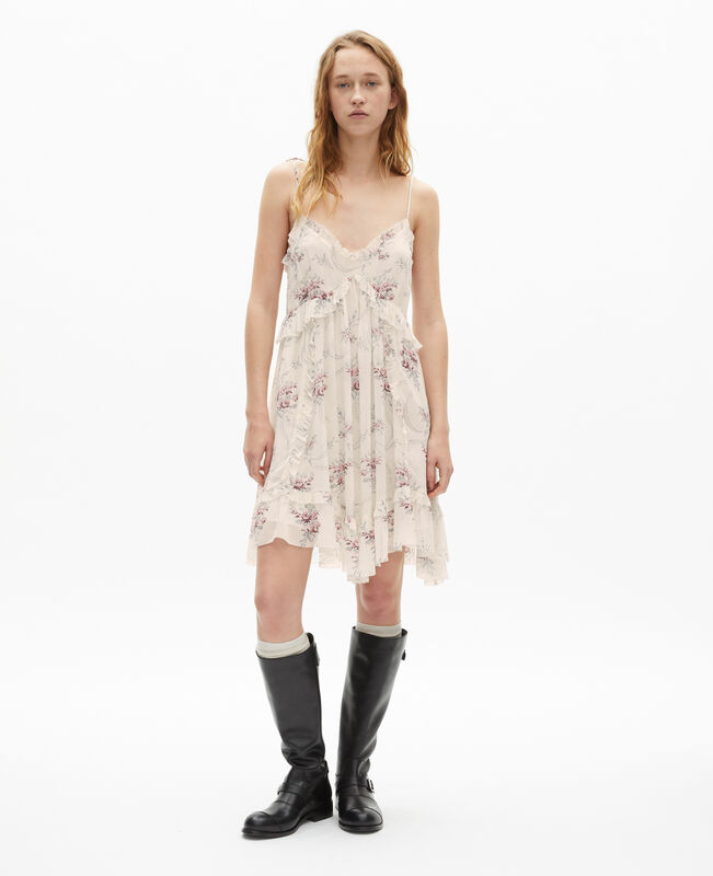 The Kooples FEMME OFF WHITE / PINK robe courte à bretelles imprimé fleuri blanche