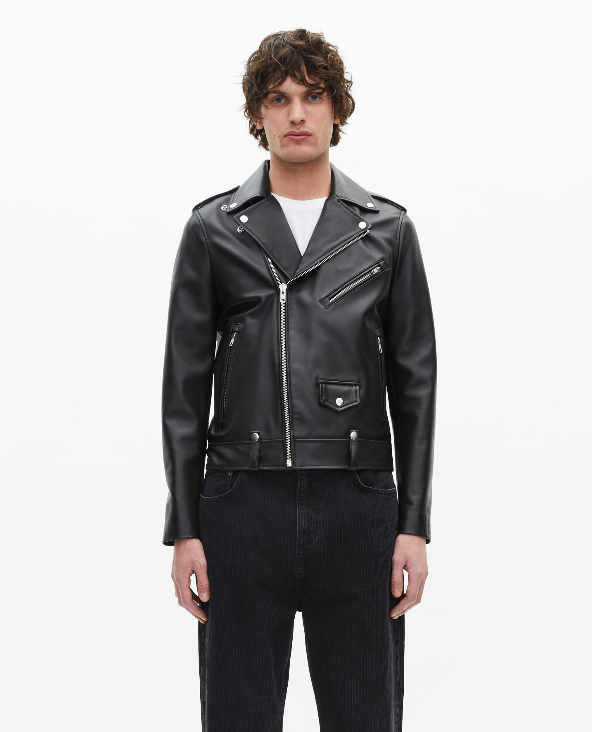 Blouson biker en cuir noir, BLACK, hi-res image number null