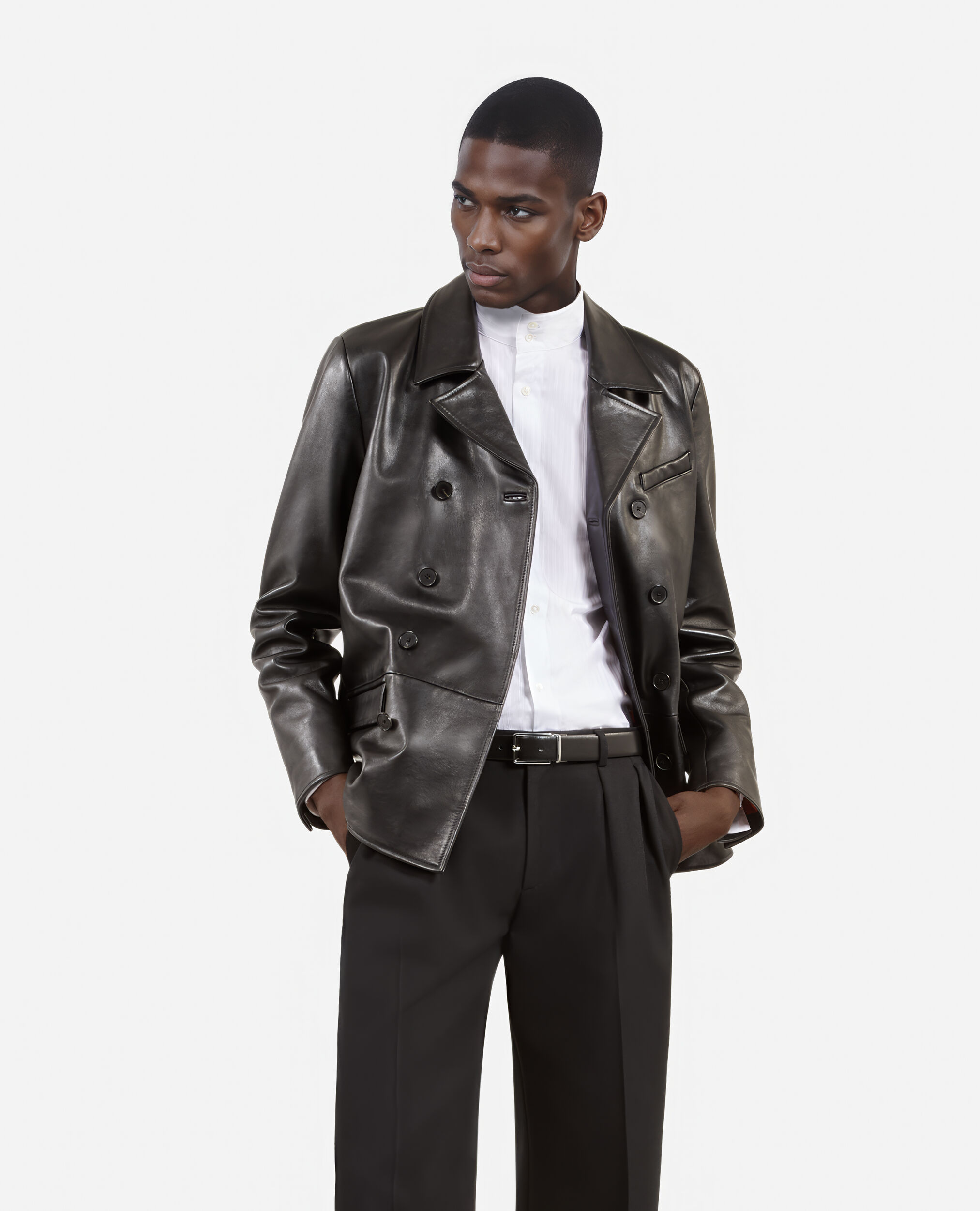 Veste en cuir à double boutonnage noire, BLACK, hi-res image number null