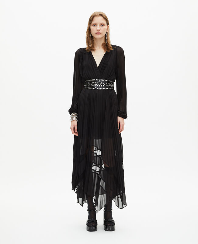 The Kooples FEMME BLACK robe longue plissée avec dentelle noire
