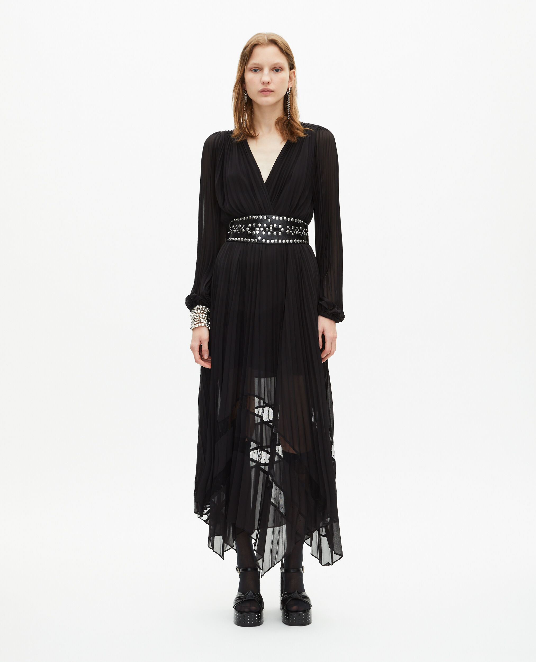 Robe longue plissée avec dentelle noire, BLACK, hi-res image number null