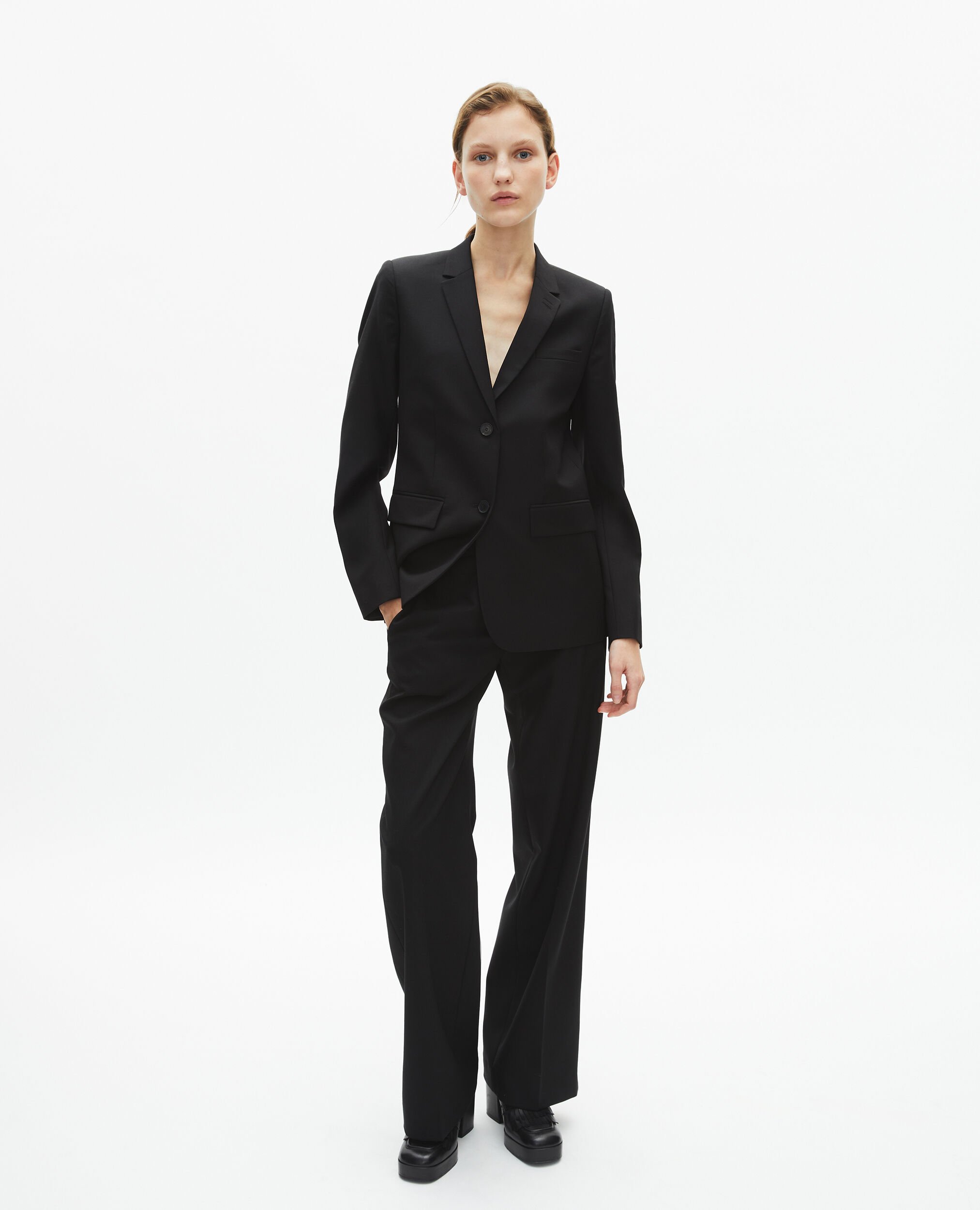 Veste tailleur en laine coupe cintrée noire, BLACK, hi-res image number null