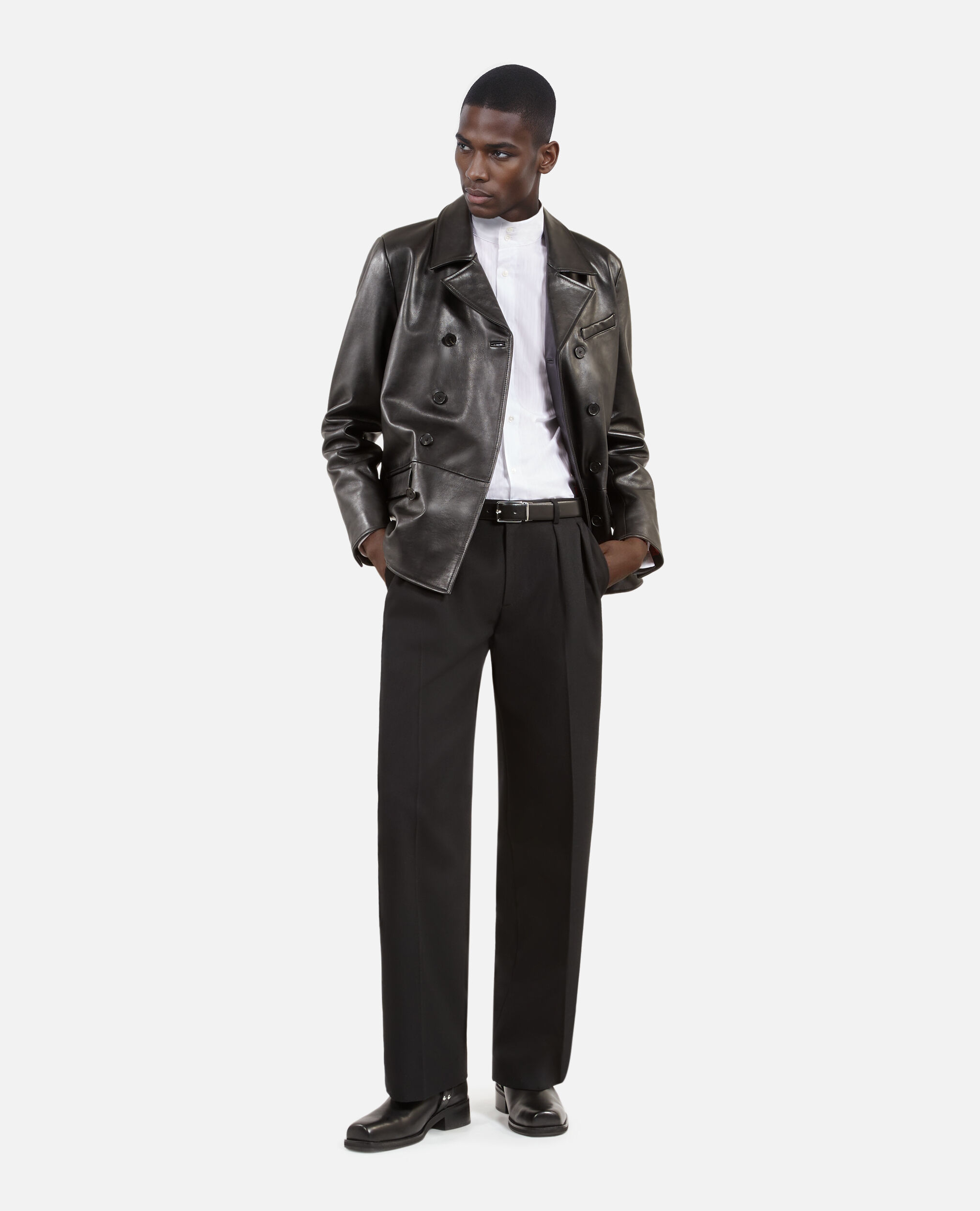 Veste en cuir à double boutonnage noire, BLACK, hi-res image number null