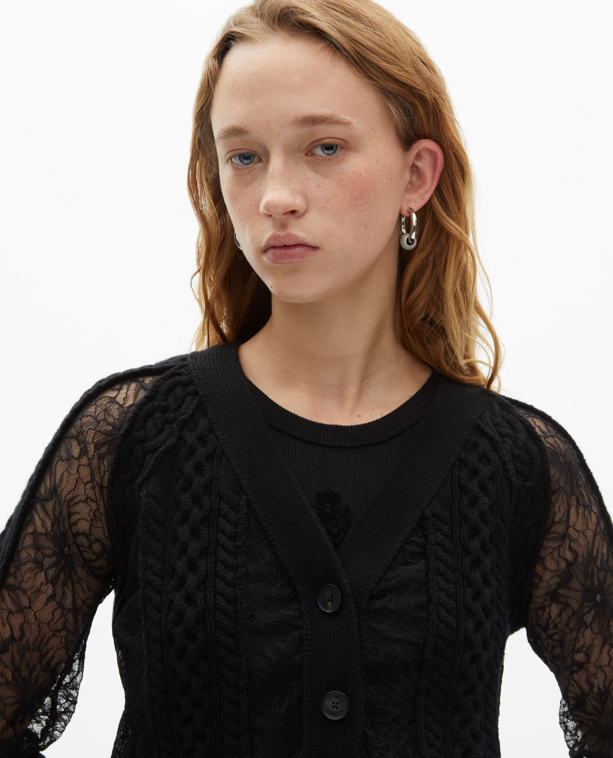 Cardigan en laine et dentelle noir, BLACK, hi-res image number null