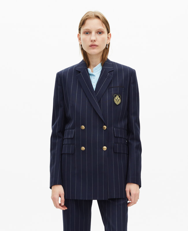 The Kooples FEMME NAVY veste tailleur à rayures tennis en laine mélangée bleu marine