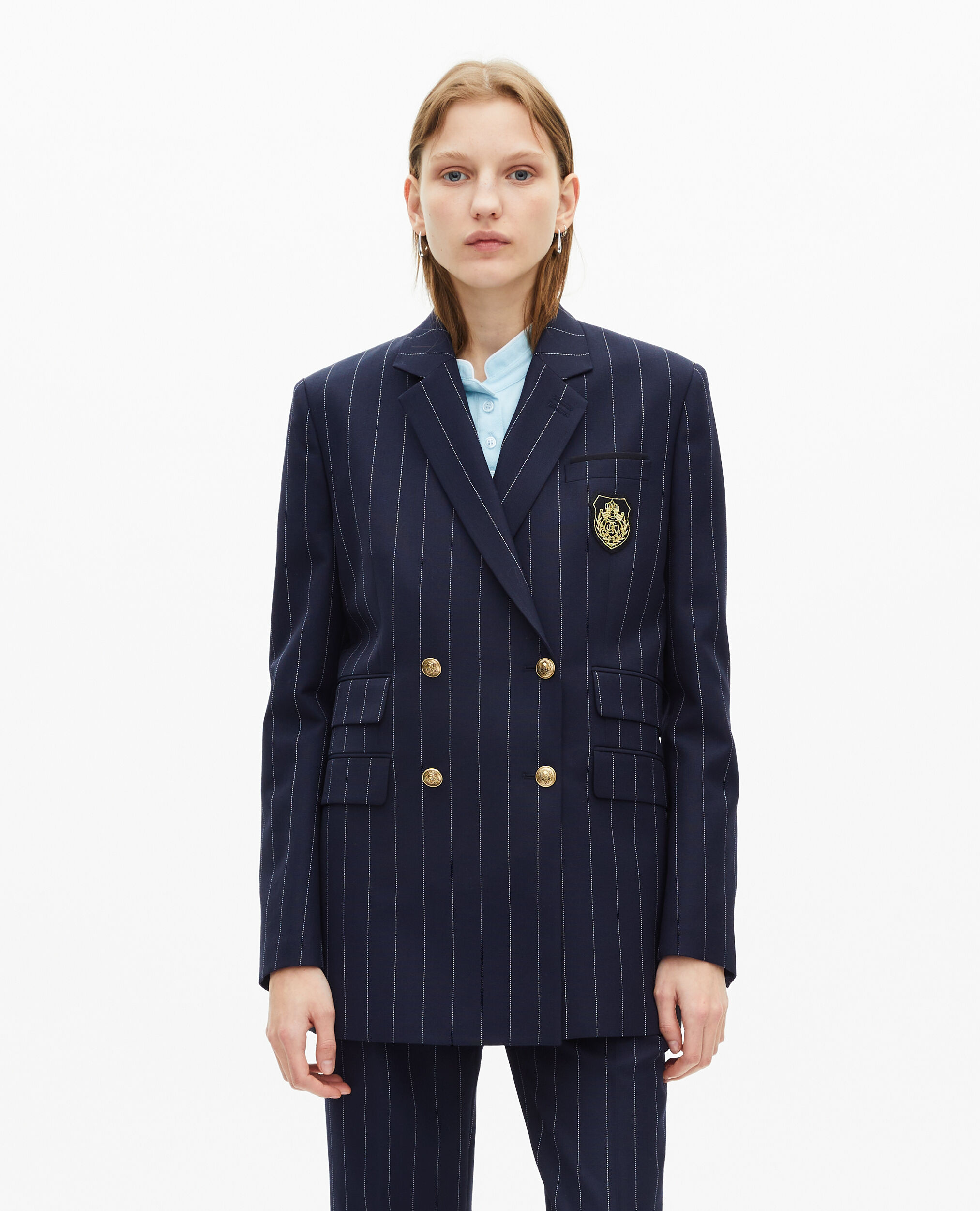 Veste tailleur à rayures tennis en laine mélangée bleu marine, NAVY, hi-res image number null