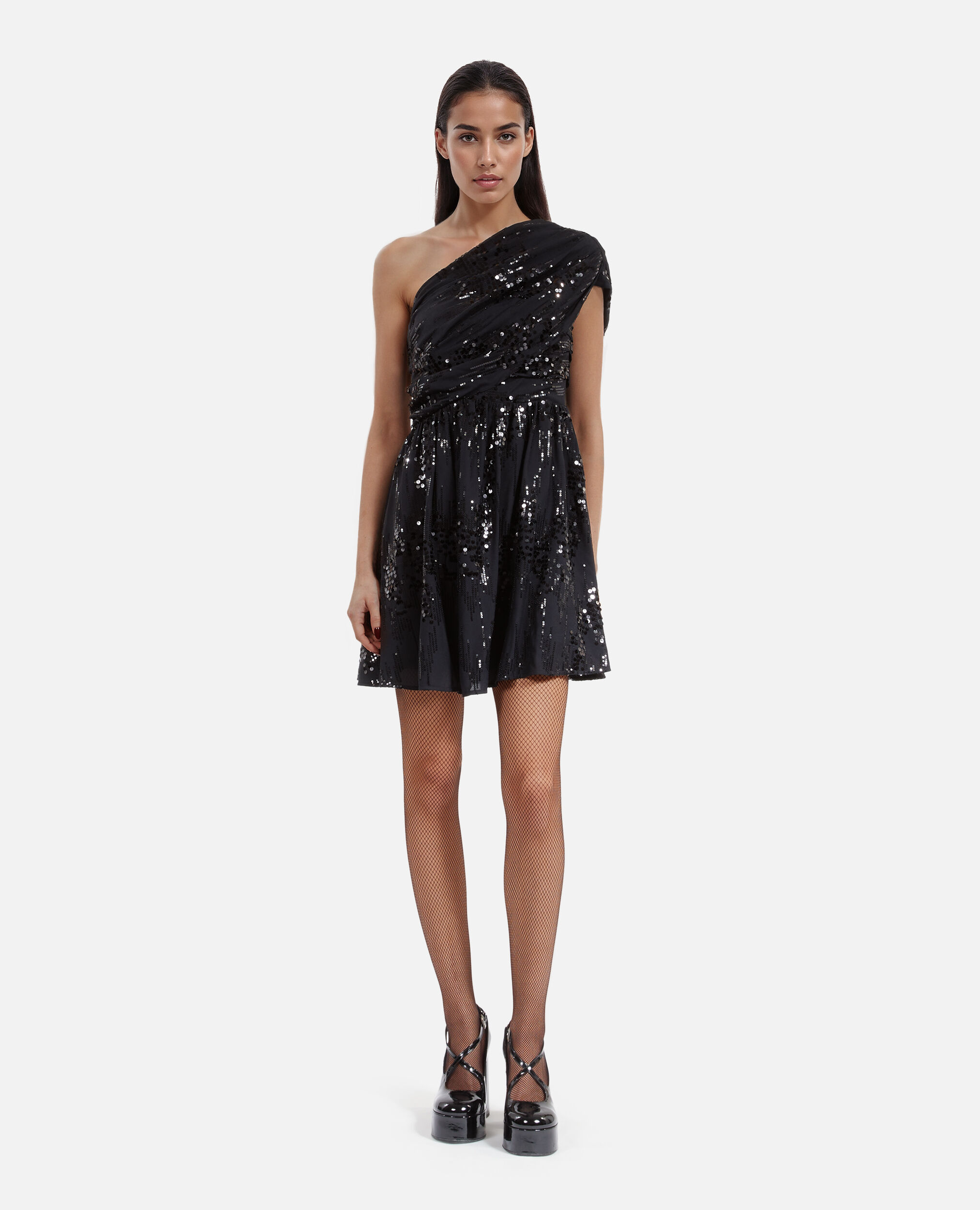 Robe courte à sequins effet drapé noire, BLACK, hi-res image number null