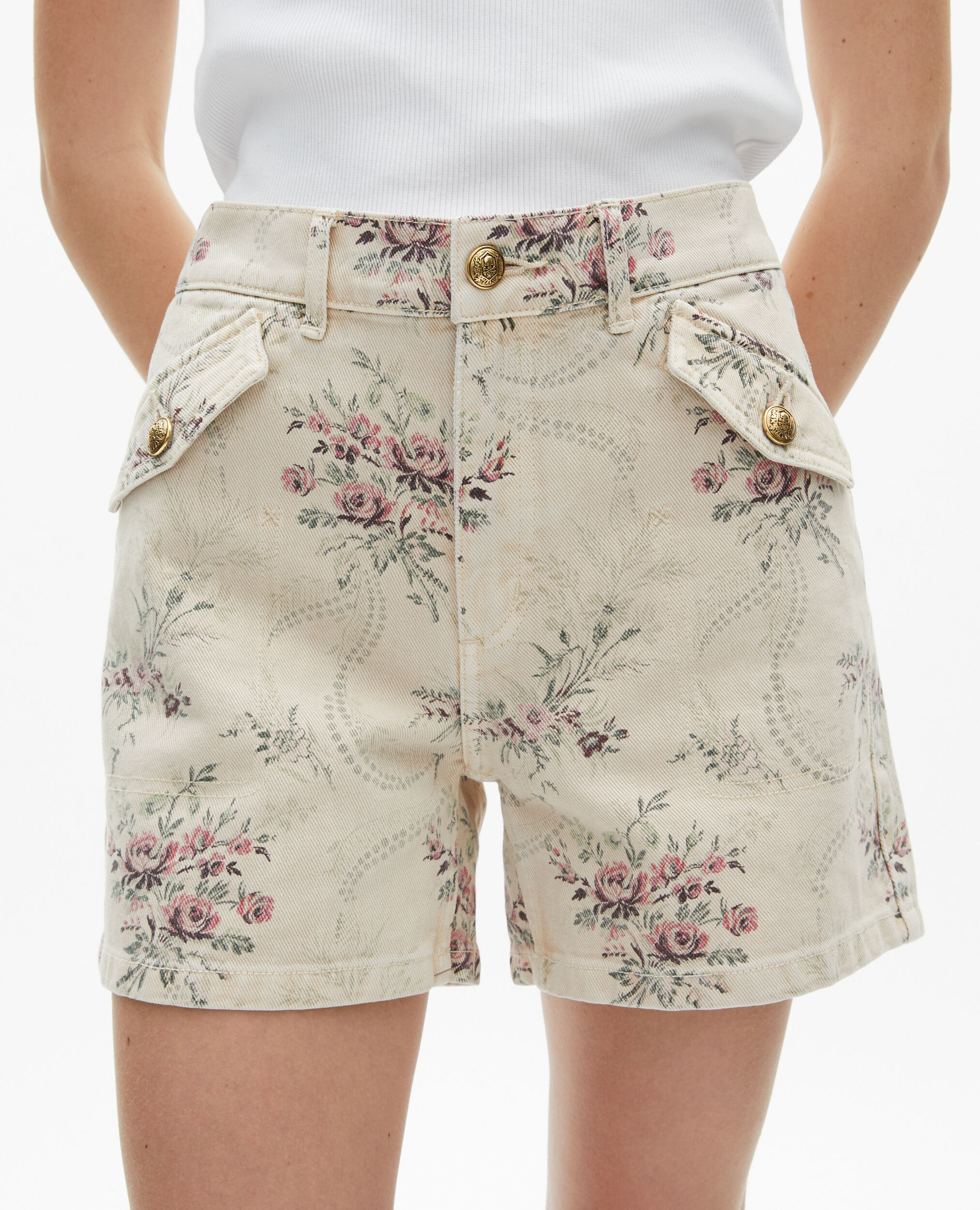 Short imprimé fleuri en denim beige, BEIGE TAUPE, hi-res image number null
