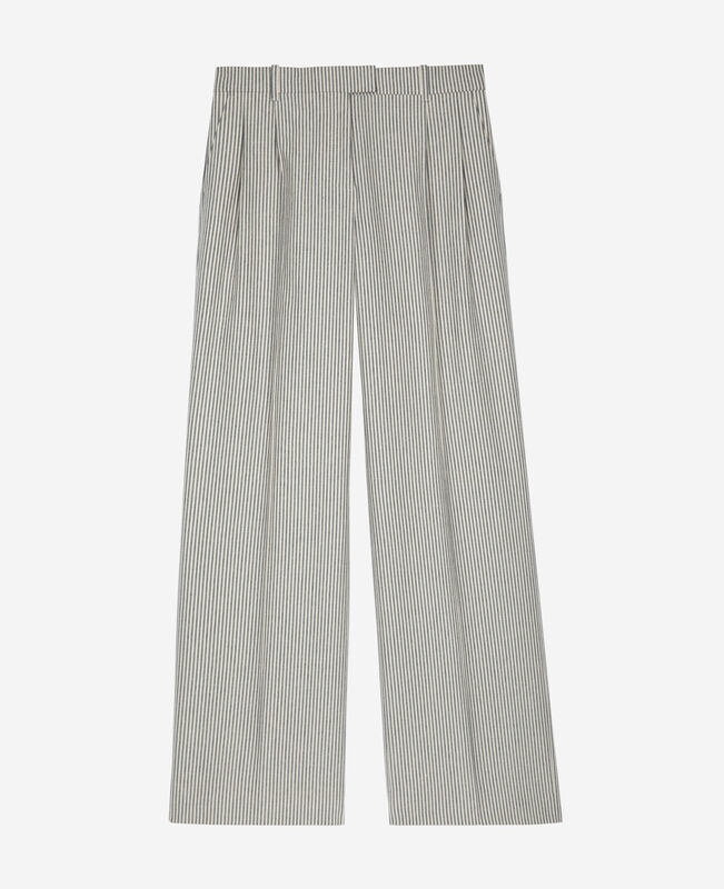 The Kooples FEMME BLANC / BLEU pantalon ample à rayures en coton et lin blanc