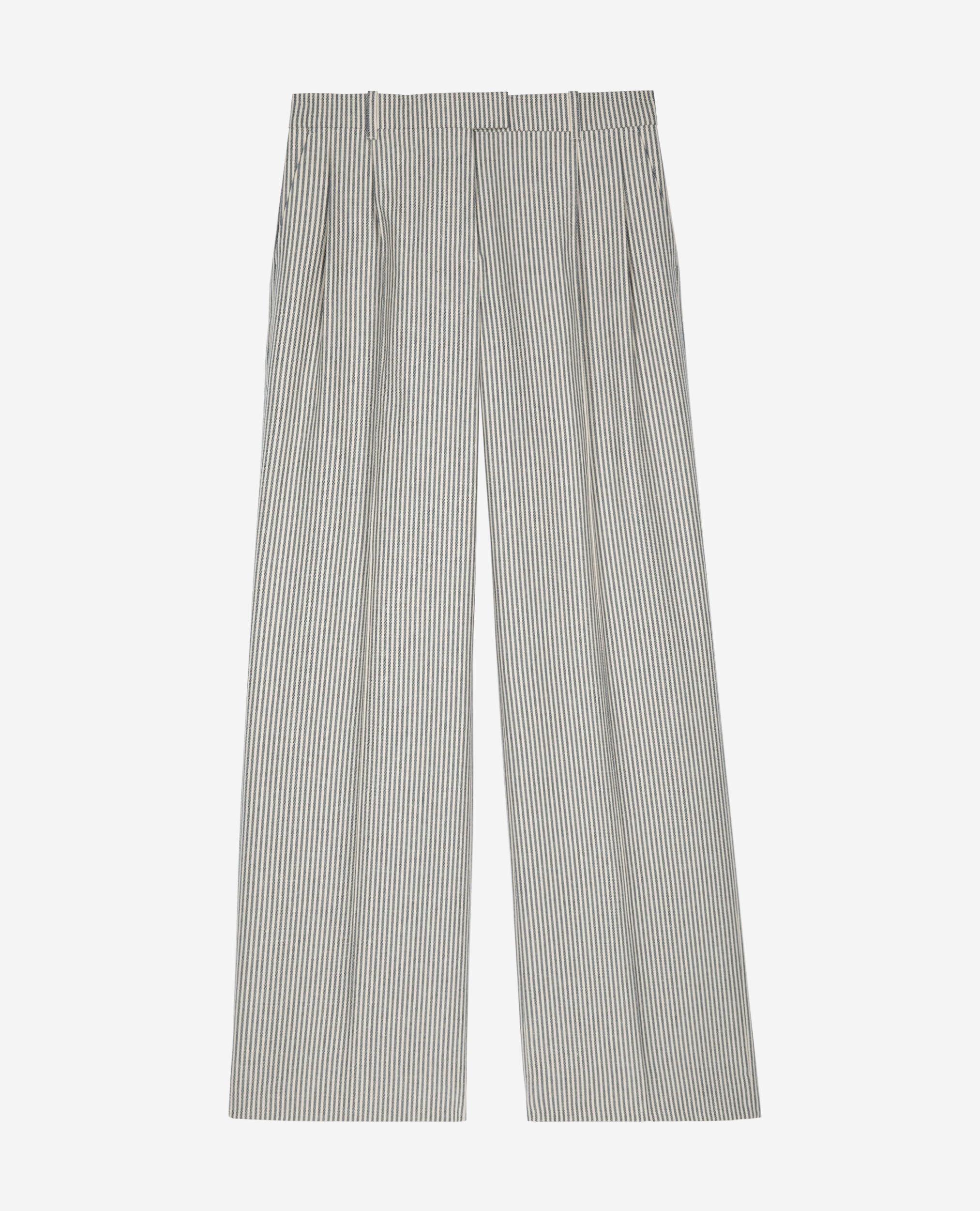 Pantalon ample à rayures en coton et lin blanc, BLANC / BLEU, hi-res image number null
