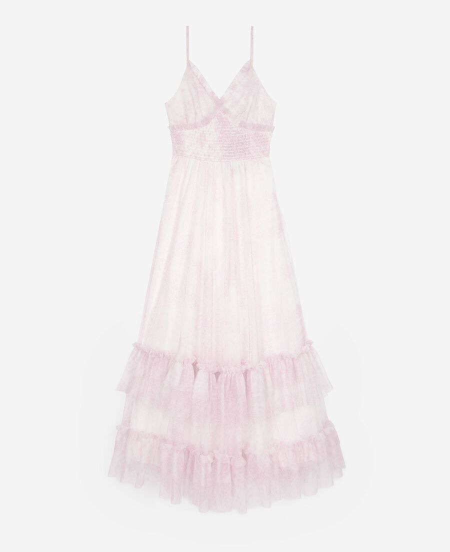 The Kooples FEMME WHITE - PINK robe longue en tulle imprimé rose pâle