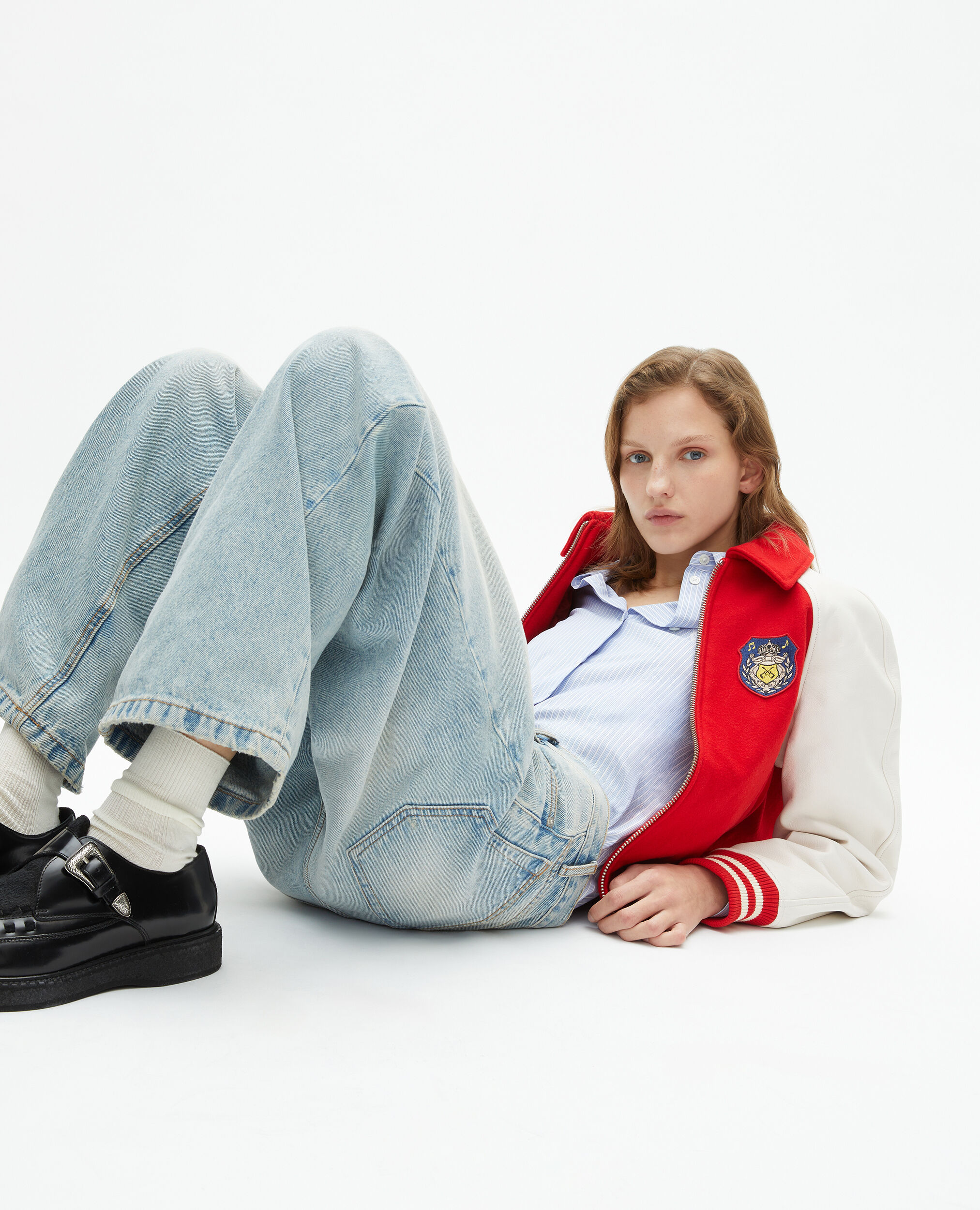 Blouson en laine et cuir rouge, RED / WHITE, hi-res image number null