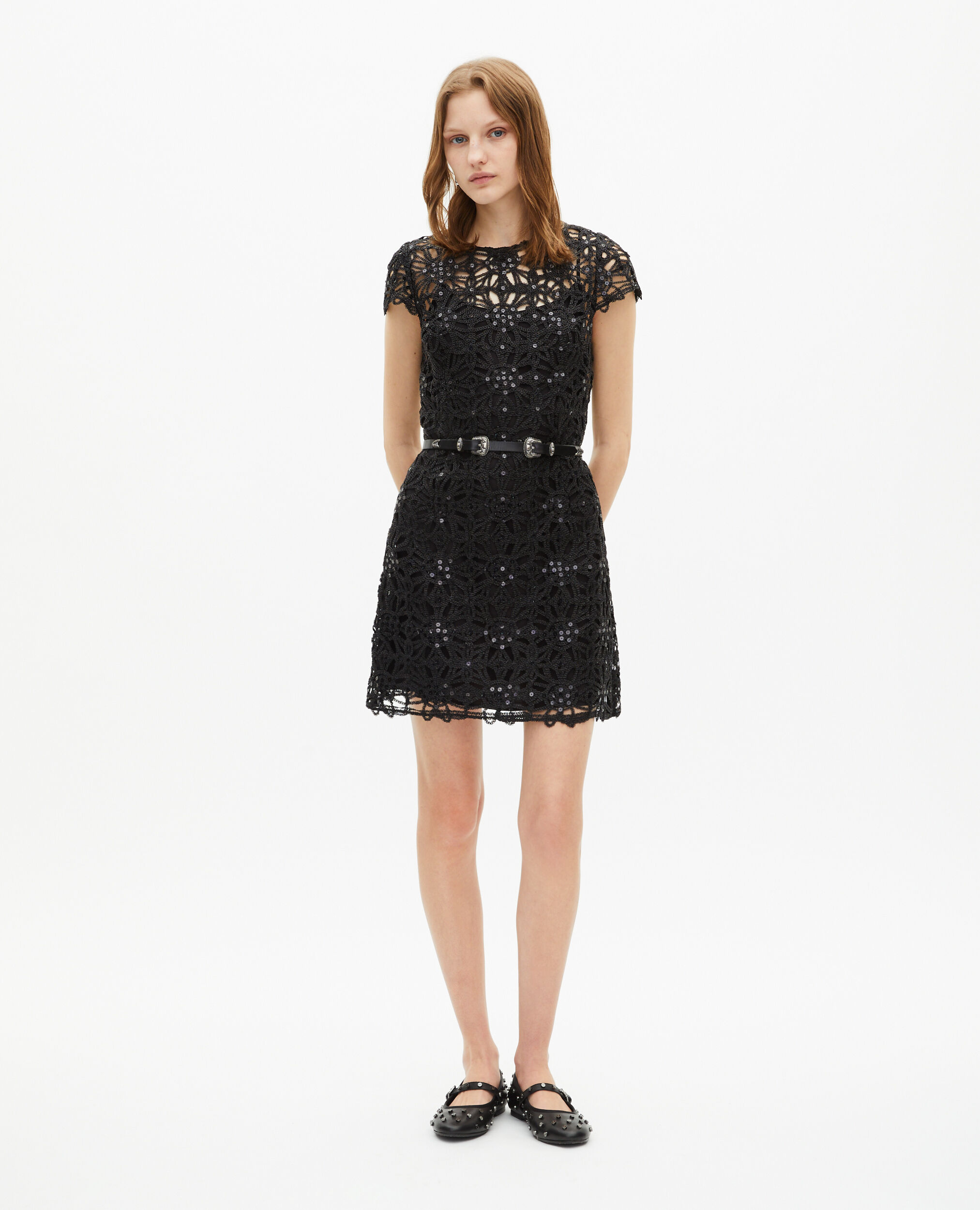 Robe courte en guipure noire, BLACK, hi-res image number null