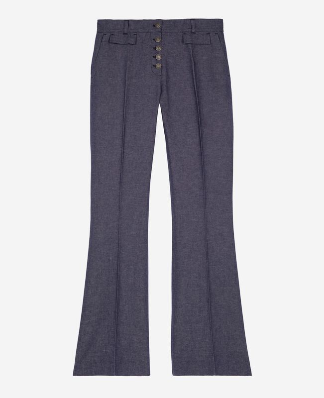 The Kooples FEMME BLUE pantalon flare en coton et lin bleu