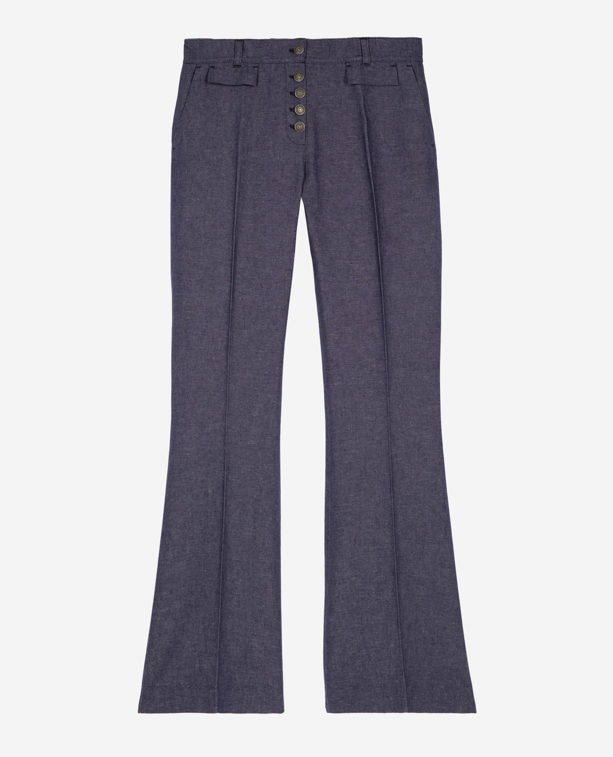 Pantalon flare en coton et lin bleu, BLUE, hi-res image number null