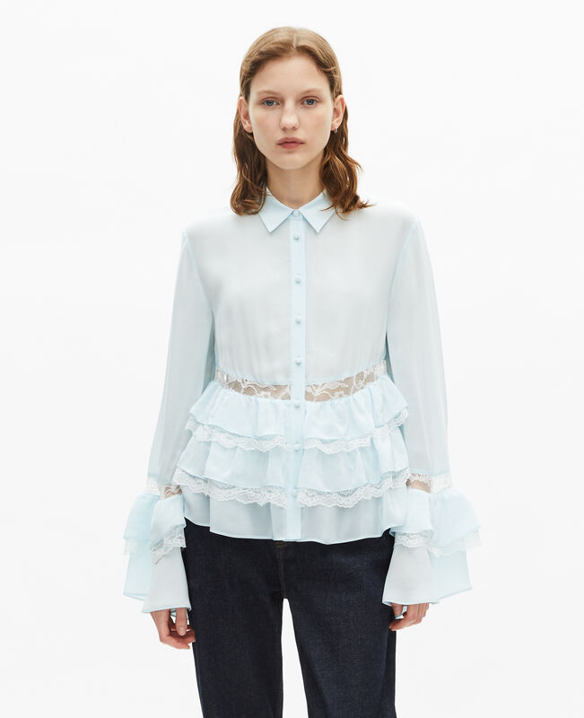The Kooples FEMME BABY BLUE chemise avec dentelle et volants bleu clair