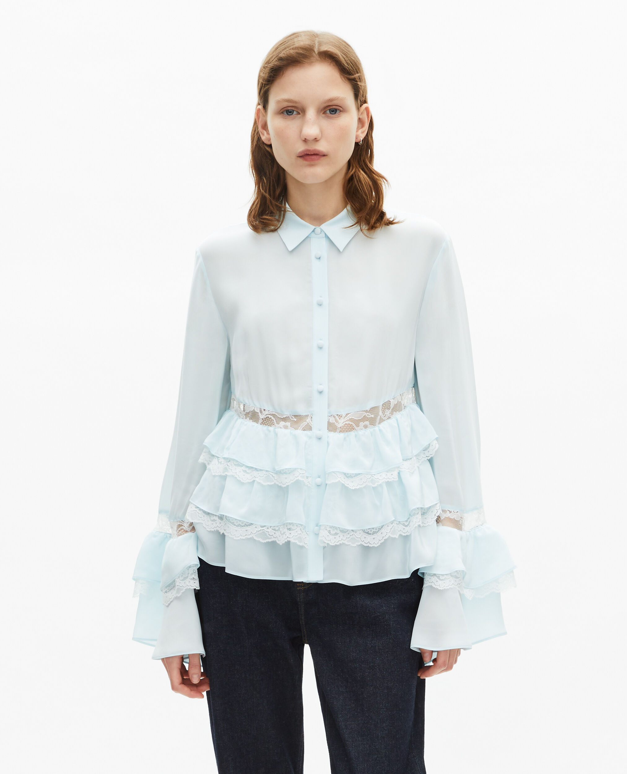 Chemise avec dentelle et volants bleu clair, BABY BLUE, hi-res image number null