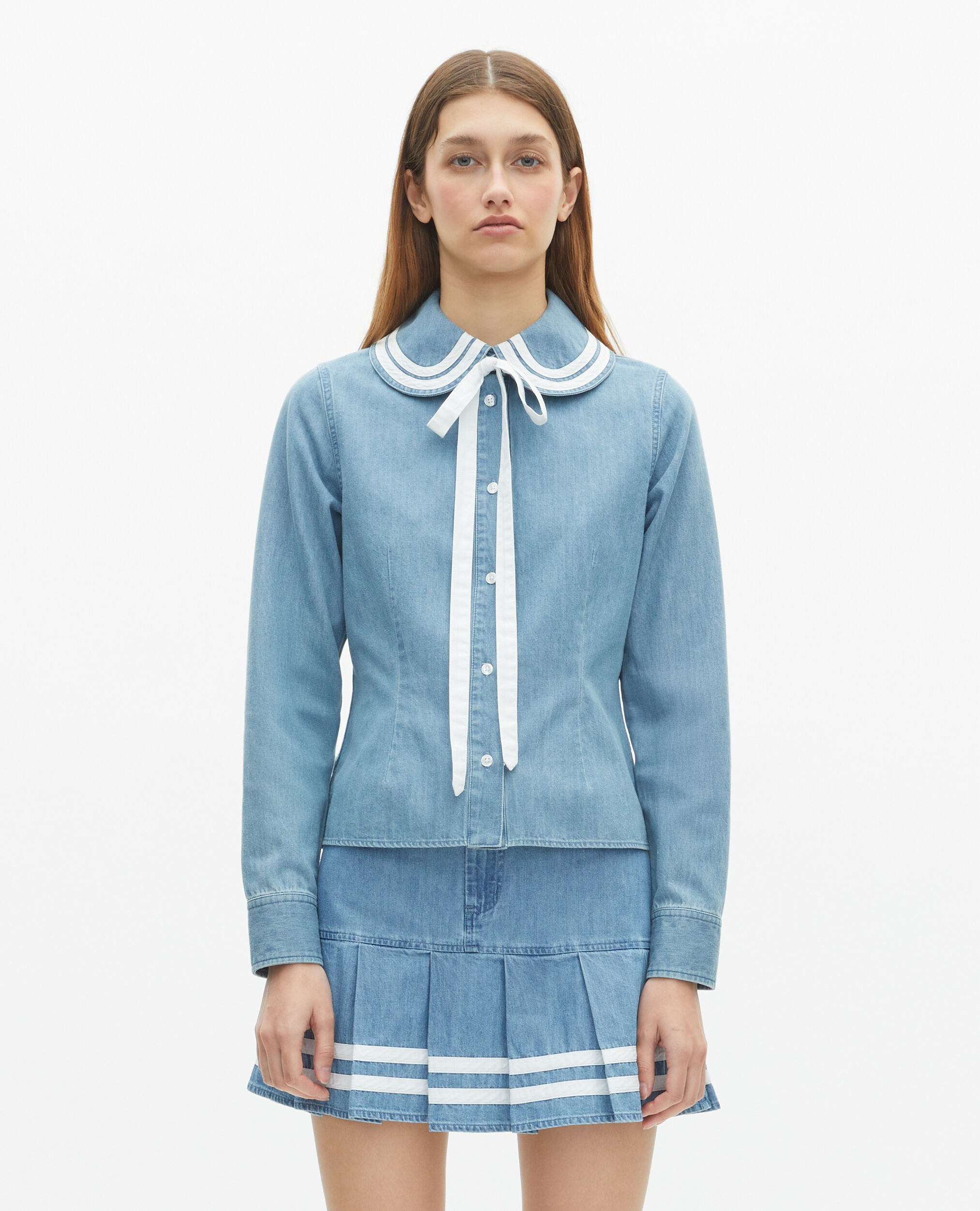 Chemise col claudine en denim, BABY BLUE, hi-res image number null