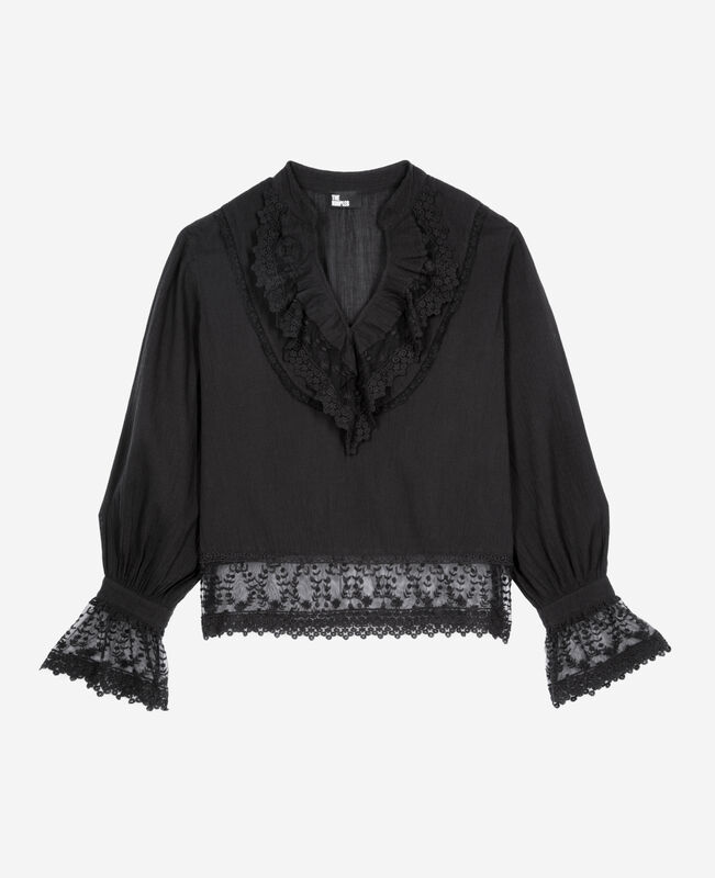 The Kooples FEMME BLACK blouse avec guipure noire