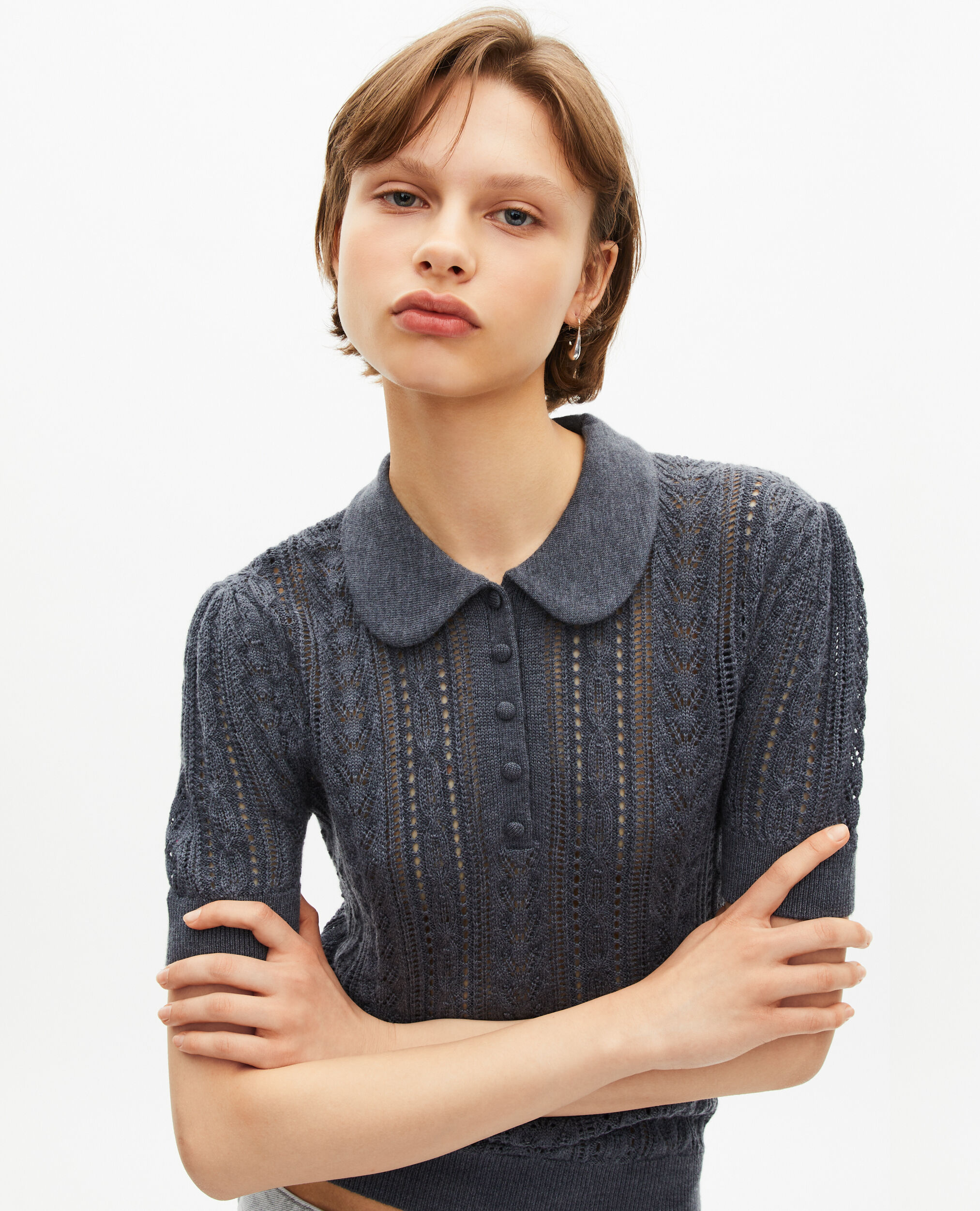 Pull manches courtes en laine mérinos gris, ANTHRACITE, hi-res image number null